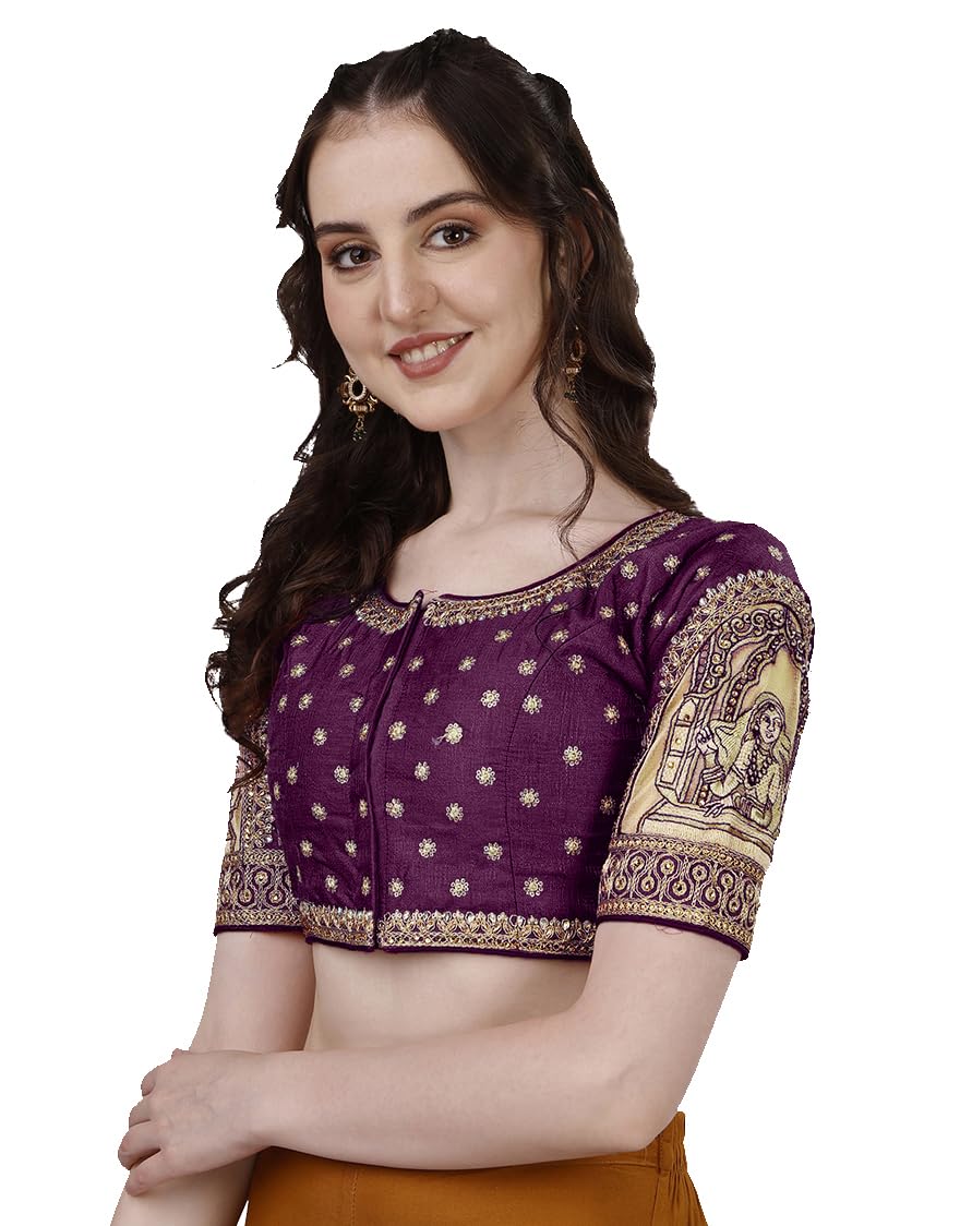 Pujia Mills Women's Heavy Embroidery Coding With Sequins And Diamond Work Half Sleeves Fancy Cutwork Readymade Saree Blouse.(Palace Wine_38)