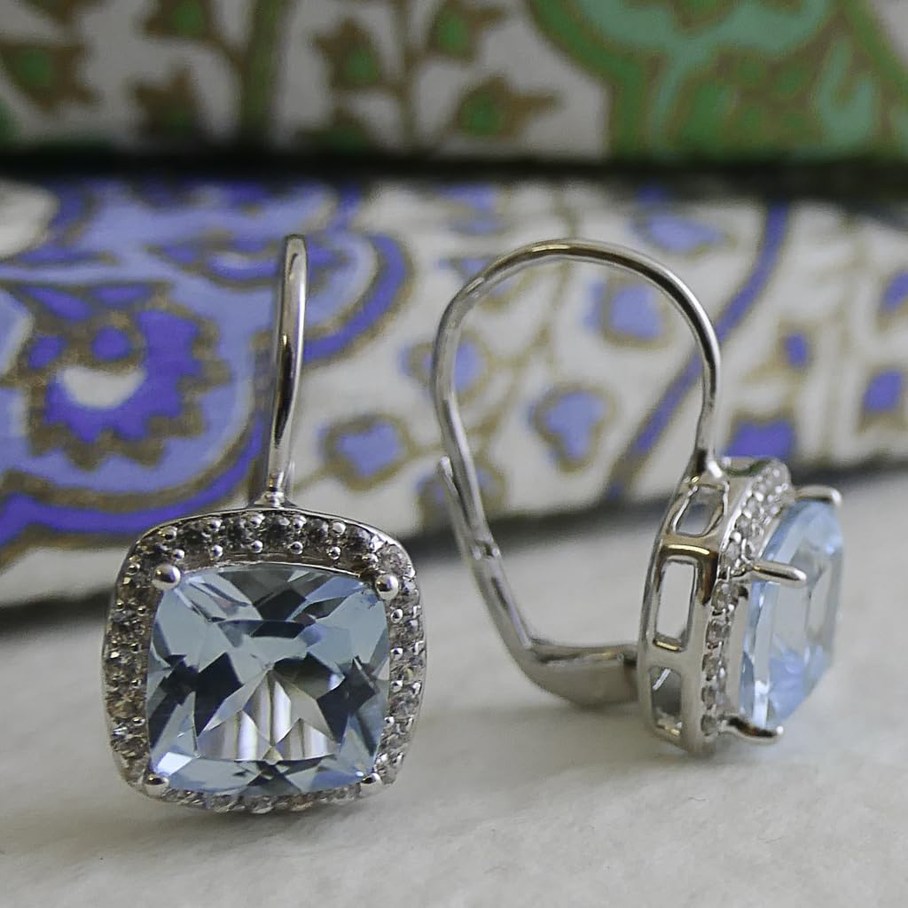 Blautopas Ohrhanger 925 Sterling Silber (Silber) | Kissenschliff Edelstein mit Zirkonia Halo - Handverlesener Naturstein - Geschenkidee fur Frauen - Designed in Norwegen