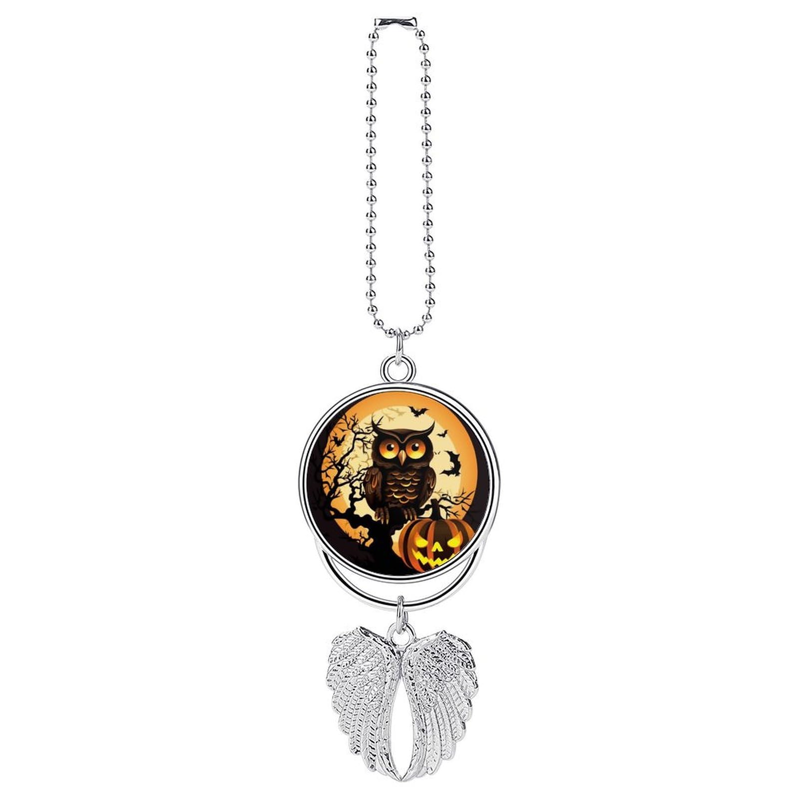 Black Tree Owl Pumpkin Head Car Pendant Car Rearview Mirror Pendant Custom Photo Car Hanging Ornament Car Rear View Mirror Hanging Accessories Angel Wing Car Charm Gift for Men Women