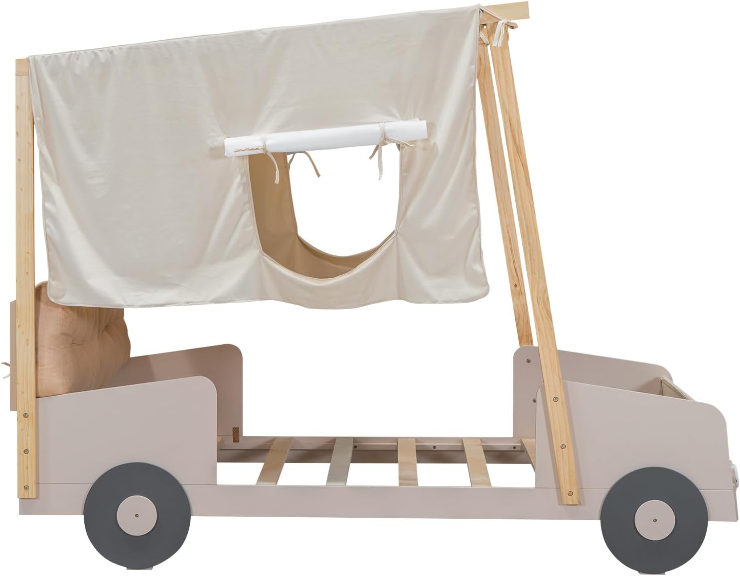 Wood Twin Size Car Bed with Pillow, Ceiling Cloth and LED for Kids Girls Boys Teens Bedroom, Playful Design, Easy Assembly, No Box Spring Needed (Natural, Twin)