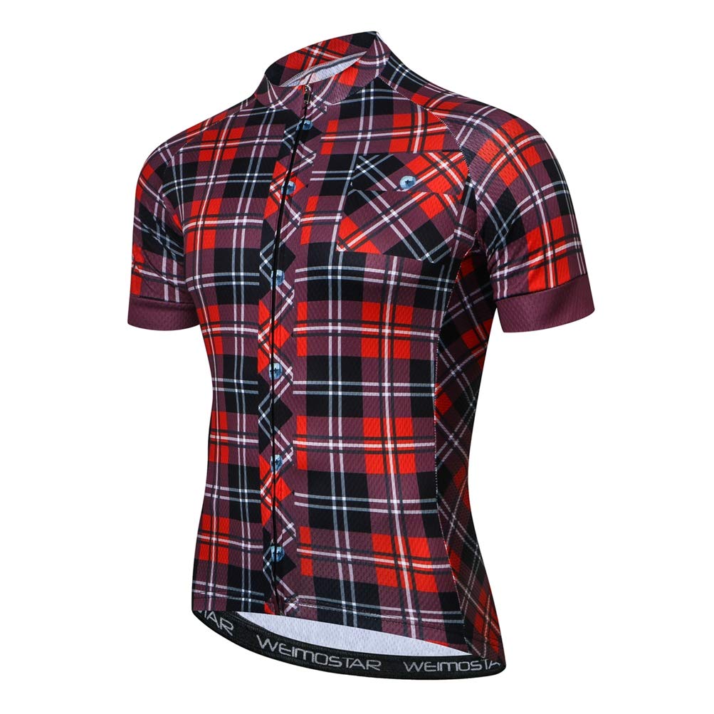 Men's Cycling Jersey Short Sleeve Printed Bike Shirts Summer Riding Wear Plaid Red M