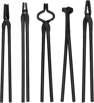 Blacksmith Tongs Set 5PC Wolf Jaw Tongs, V-Bit Bolt, Flat, Blade, Square Jaw; Blacksmith Tools Set for Knife Making Forge Tongs, High-Strength Forged Steel for Blacksmith & Bladesmiths