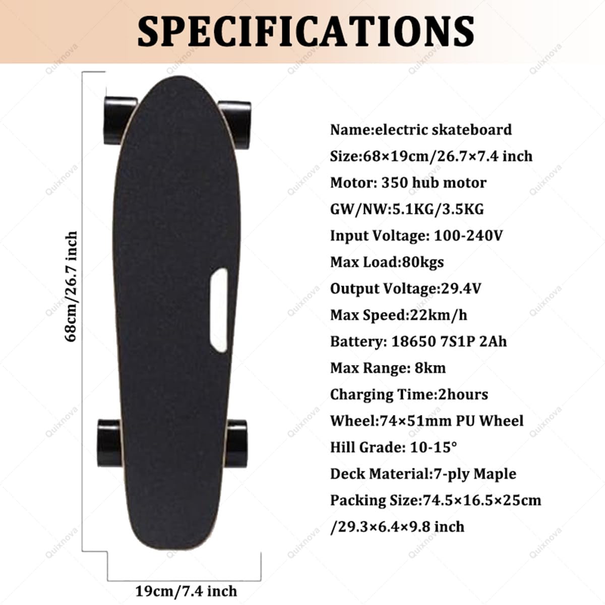 Skateboard électrique avec télécommande, 4 Vitesses réglables, poignée de Transport Ergonomique pour Adultes et débutants, Vitesse maximale de 22 km/h, autonomie de 8 km