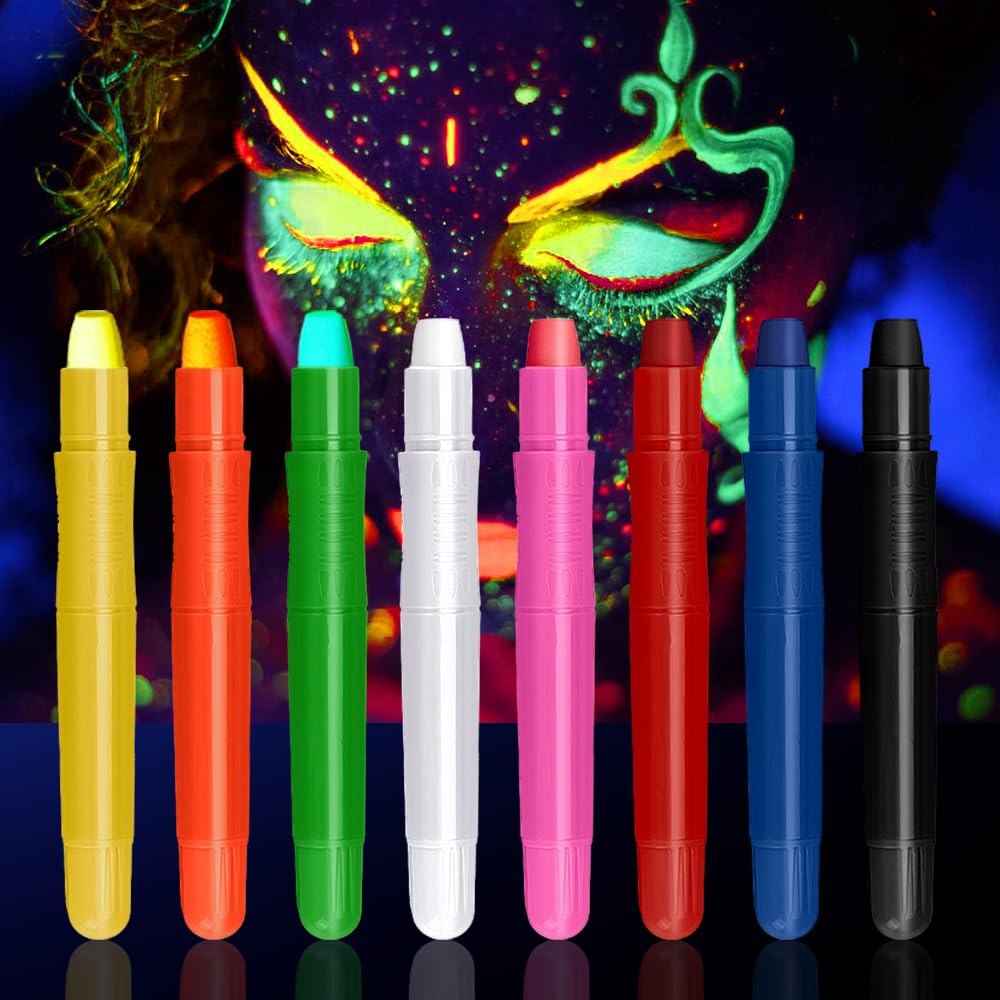 Trucco per Bambini, Pastelli Pigmentati Fluorescenti UV, Maquillage Enfant 8 Colori (3 Fluorescenti + 5 Classici), Trucco natalizio per Bambini e Adulti, Compleanni, Trucco Cosplay, Pasqua, Halloween