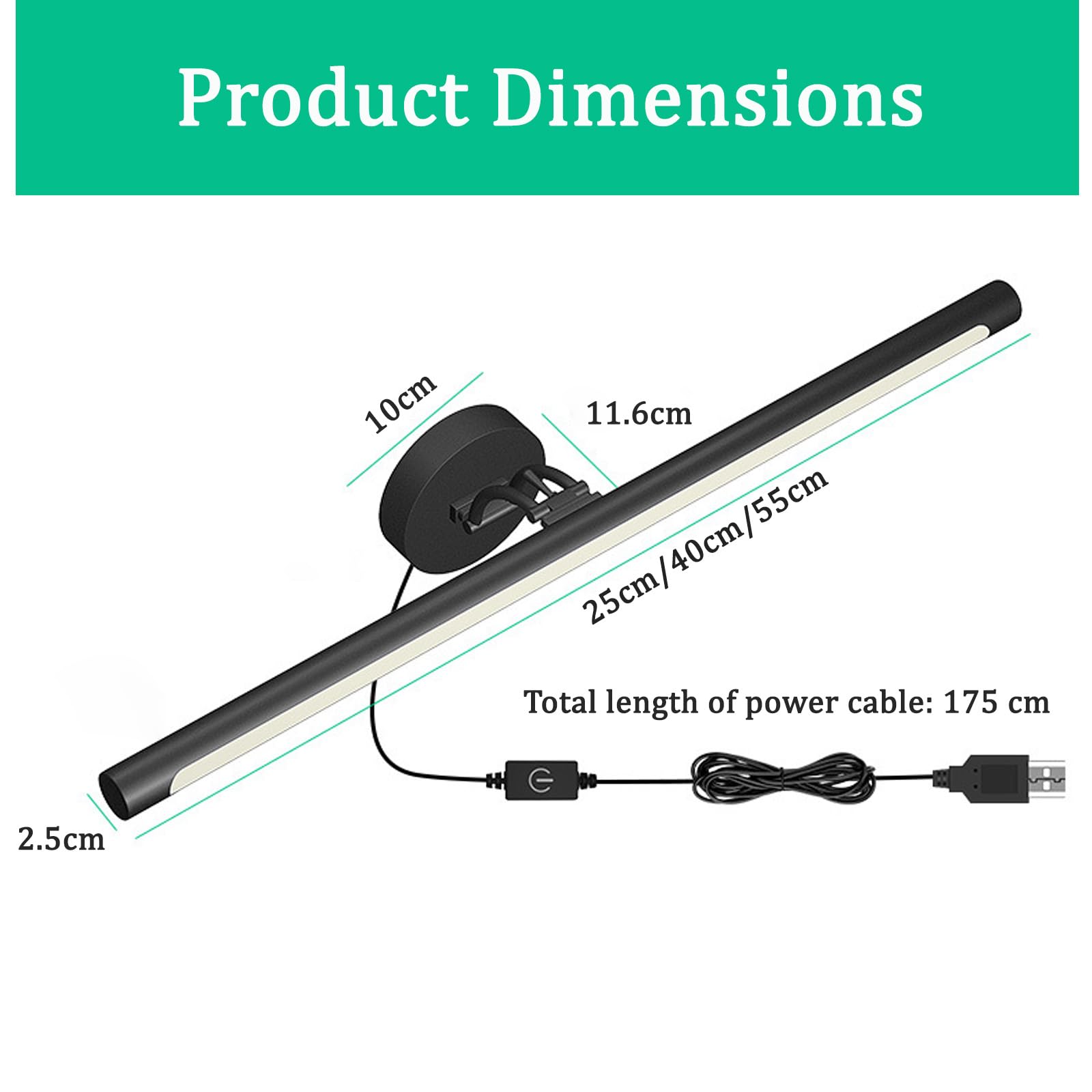 Luce da Specchio Bagno LED Ricaricabile Applique da Parete con Controllo Touch 3 Temperature di Colore Iluminazioni per Pareti 240° Girevole Lampada da Parete Camera da Letto Soggiorno (Nero,40cm)