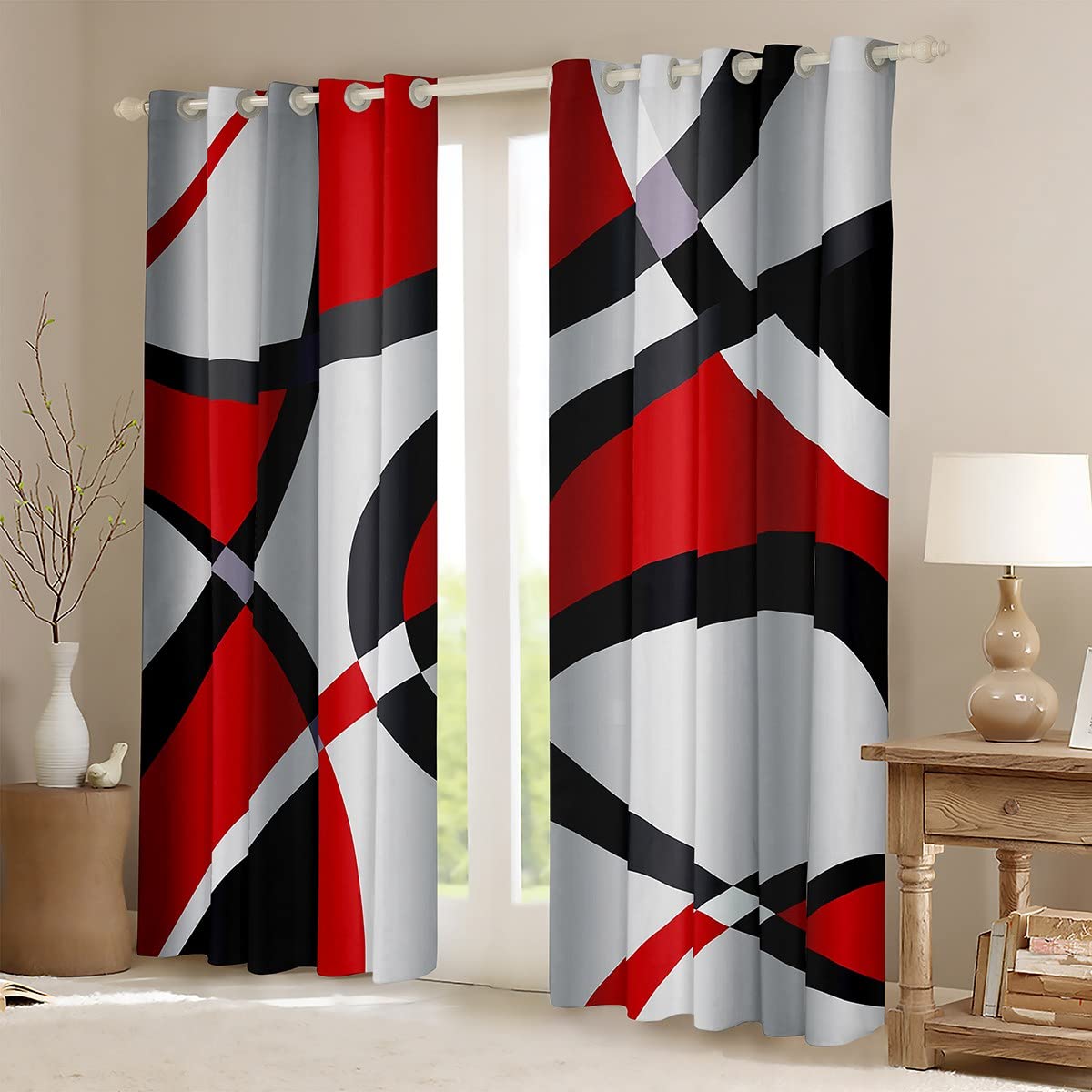 Red Geometric Blackout Curtains Geometric Circle Swirl Window Curtains Red and White Abstract Darkening Dreapes Retro Circle Window Treatments W66*L90 - Image 2