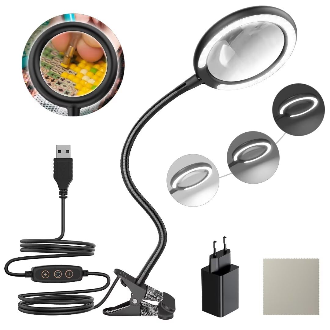 Lupa con luz led con 3 niveles de intensidad regulable, 6 posiciones de luz ajustables para la lectura, la tercera edad, los pasatiempos, las manualidades