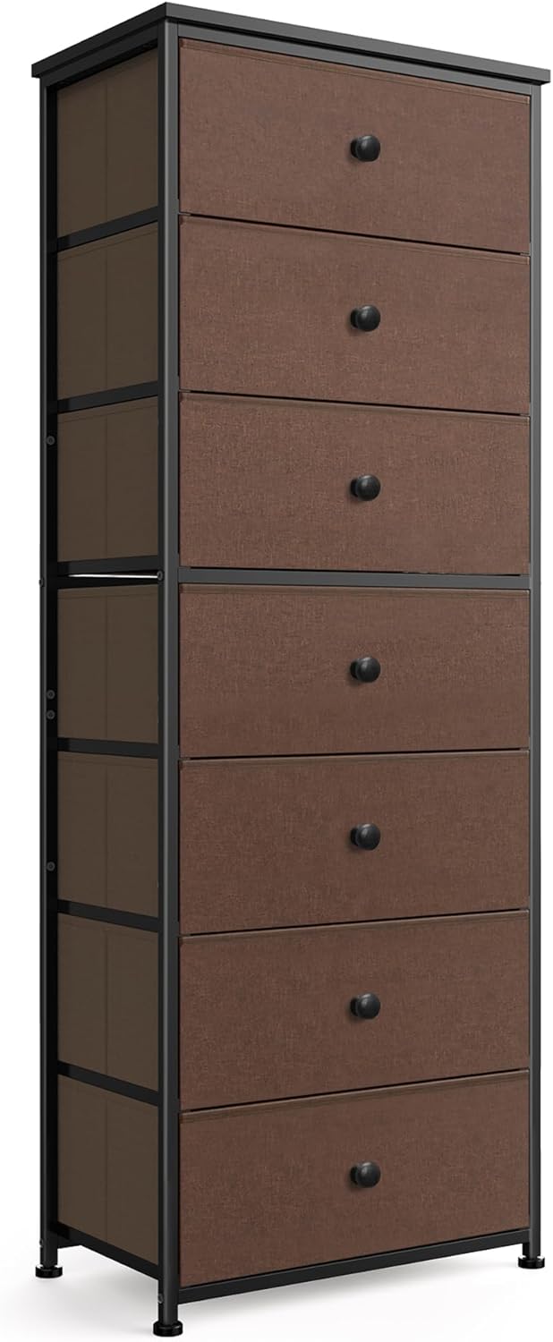 Tall Fabric Dresser for Bedroom, Vertical Storage Organizer Tower with 7 Drawers, Chest of Drawers with Bins, Steel Frame, Wood Top for Bedroom, Closet, Entryway Grey Brown 7 Drawers