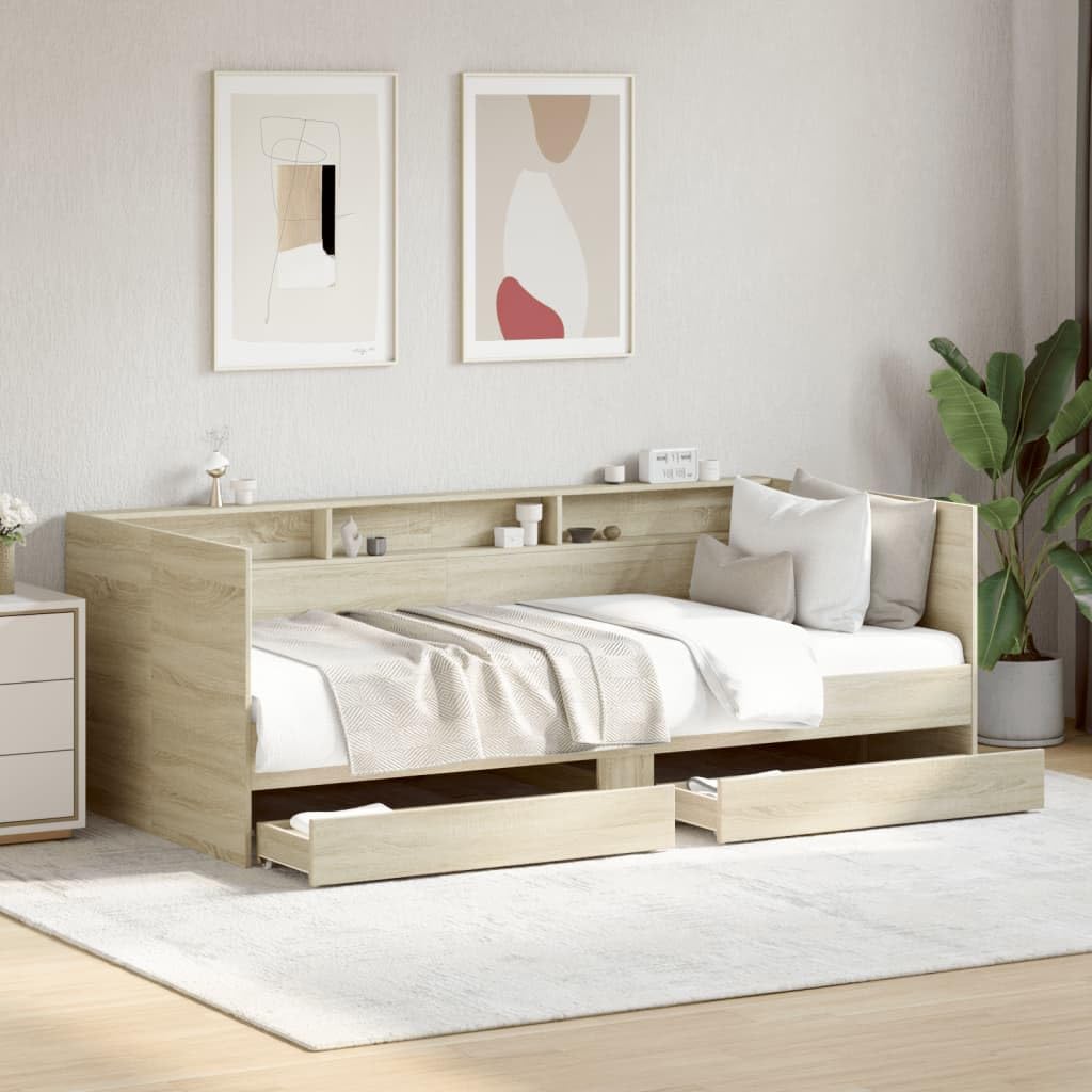 Łóżko dzienne z szufladami bez materaca, dąb Sonoma 90 x 190 cm, uniwersalna sofa do spania z 2 szufladami do przechowywania, wytrzymała sofa dzienna do pokoju gościnnego, pokoju
