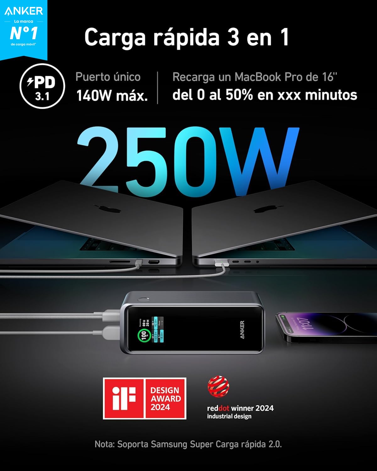 Anker Prime Power Bank Carga Rapida, Cargador Portátil de 27,650 mAh, 250W, y con 3 Puertos, Compatible con iPhone 16/15 Series, Samsung, MacBook, etc.(Base no incluida)