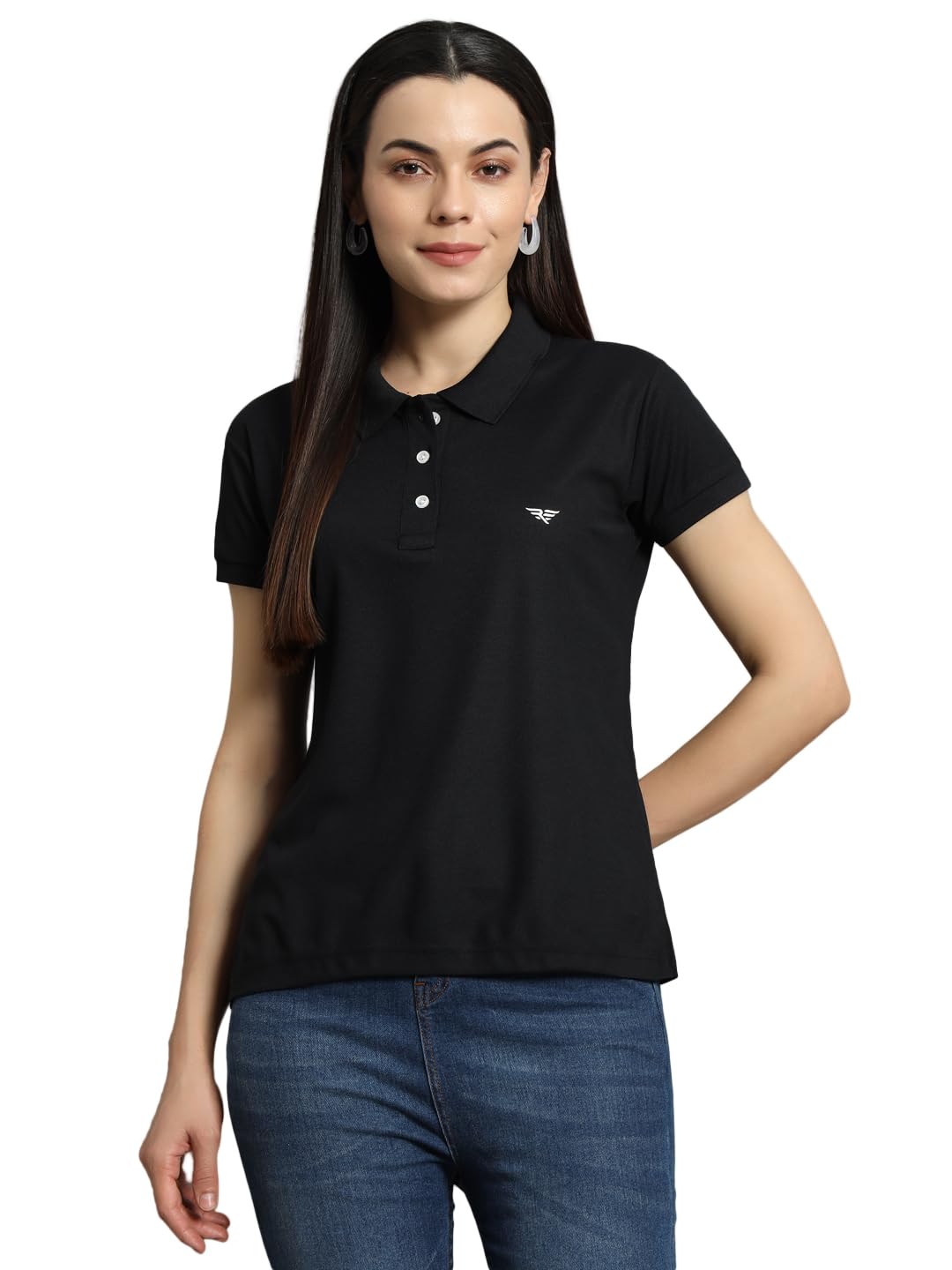 Women Solid Half Sleeves Polo Neck T-shirt-BZR2001-BLACK-image-22