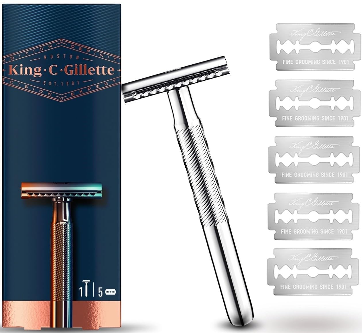 GilletteKing C. Double Edge Razor for Men with Double Sided Blades and Platinum Coating, Includes 5 Replacement Blades