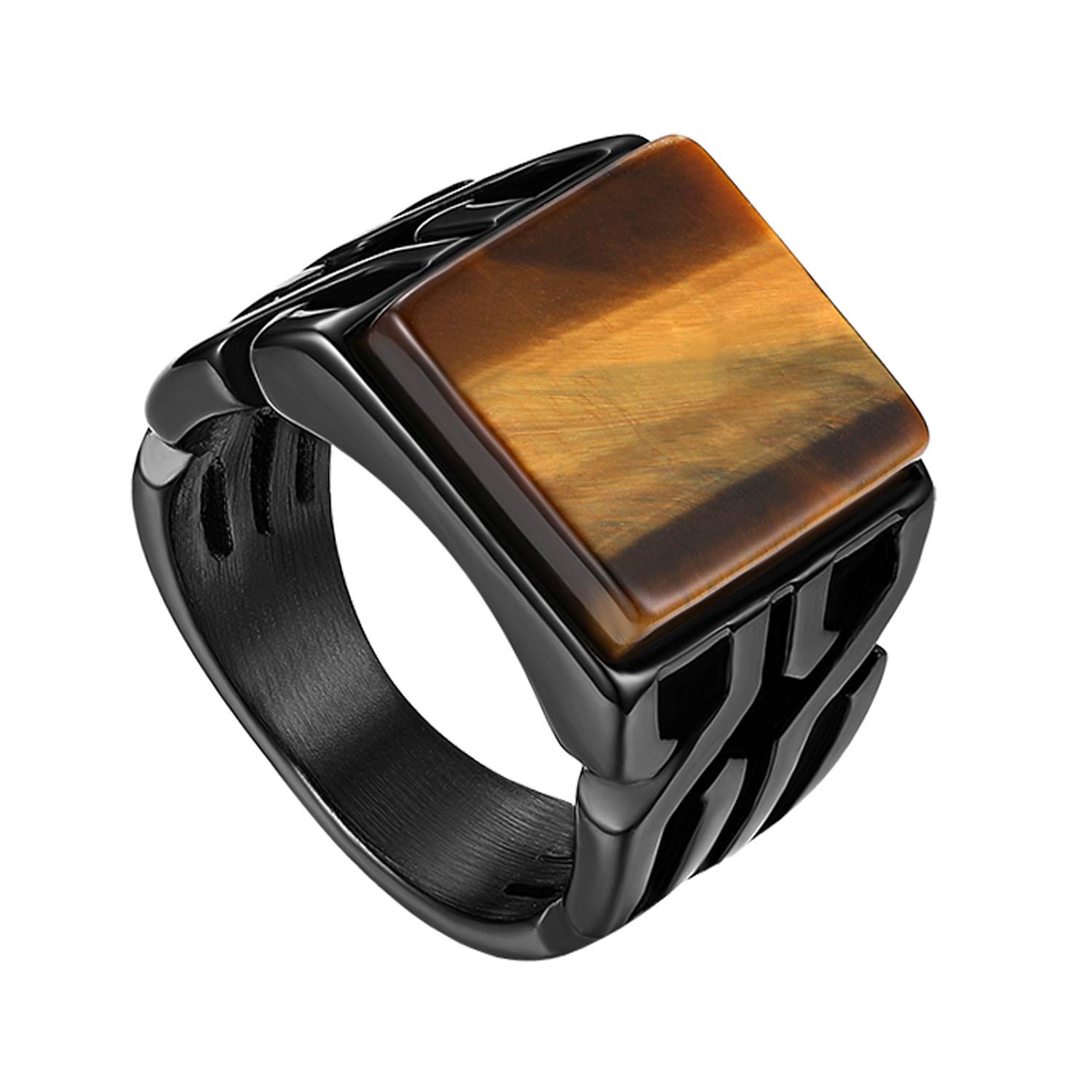 Flongo Anillo gótico clásico para hombre, acero inoxidable, piedra tigre, color negro