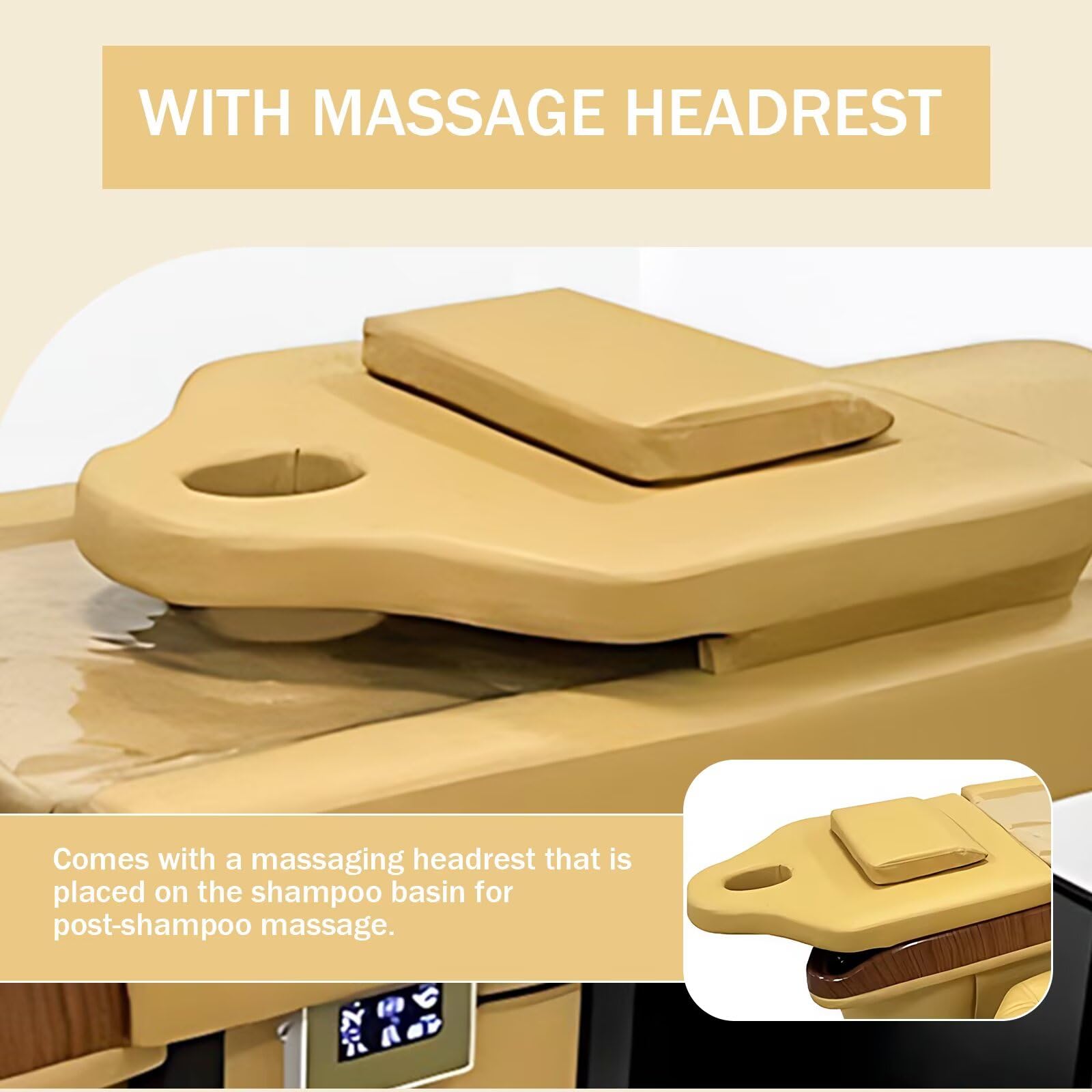 Kopfmassageliege, minimalistisches Design in Gelb, professionelle Ausstattung mit Wasserkreislauf, Desinfektion, viel Stauraum, inklusive Hocker