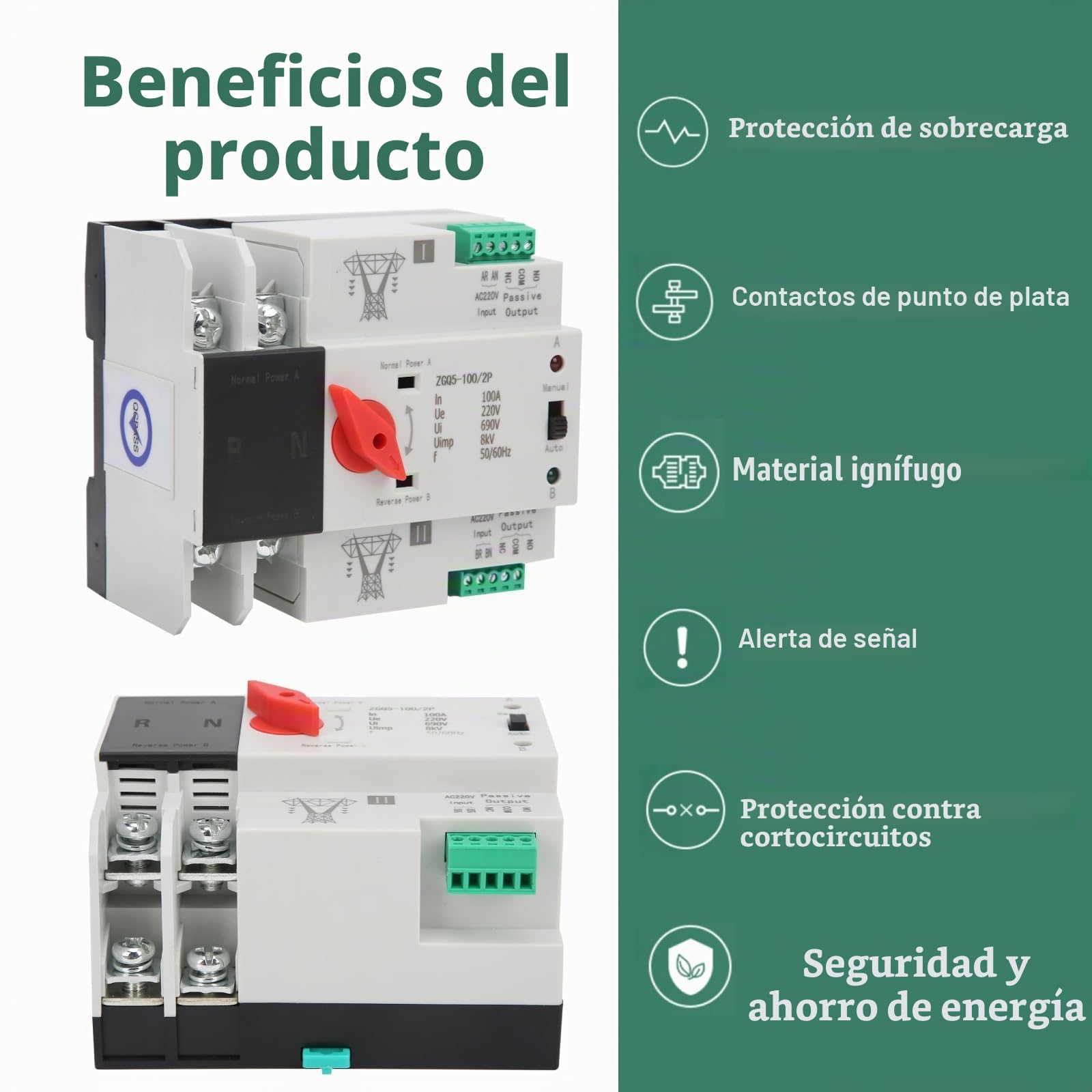 Interruptor de Transferencia Automática de Doble Potencia ZGQ5-100/2P 220V Automática Controlador de Interruptores Selectores para Electricidad Municipal Generador