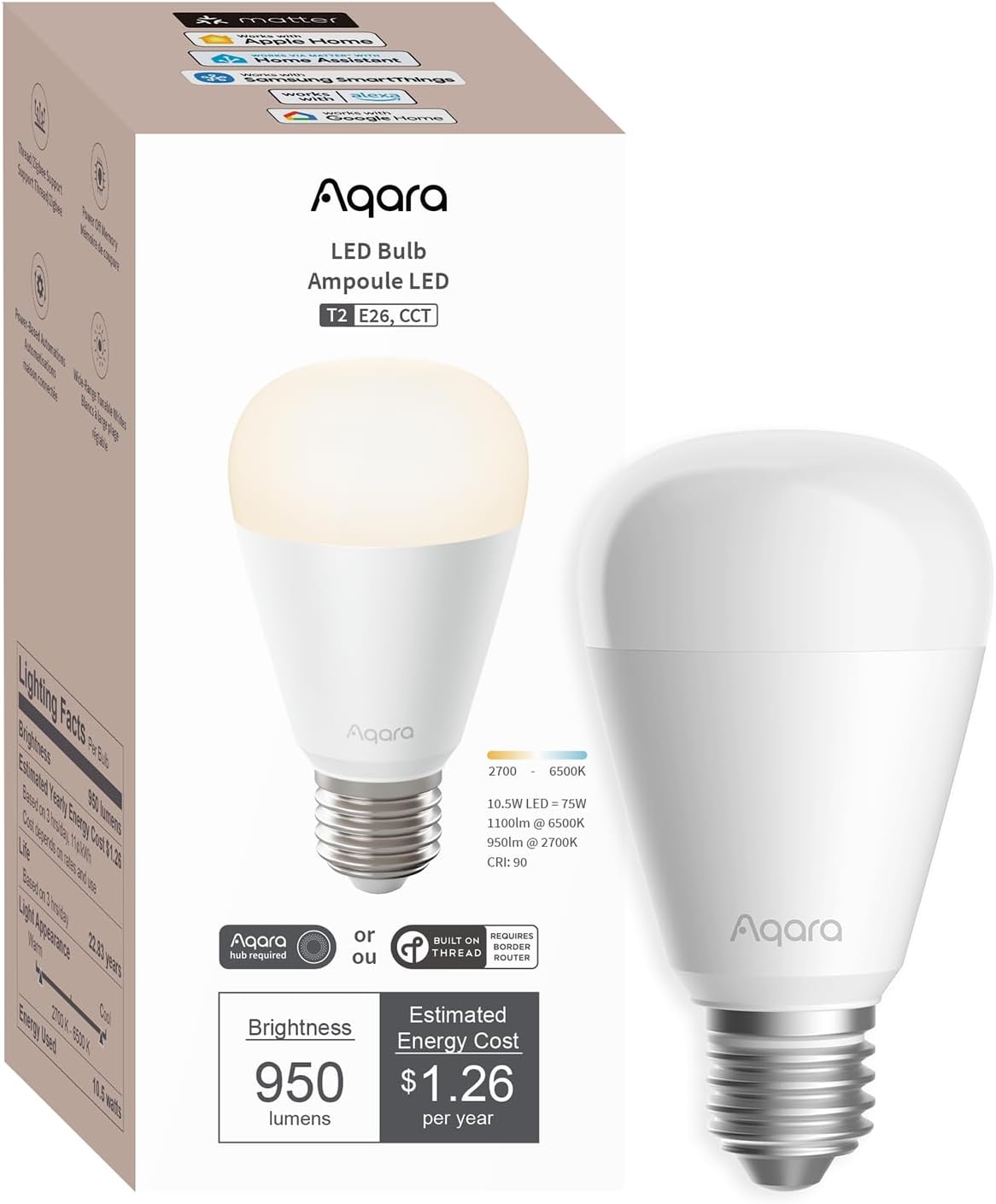 Aqara Thread/Zigbee Smart LED Light Bulb T2 E26, 1 Pack