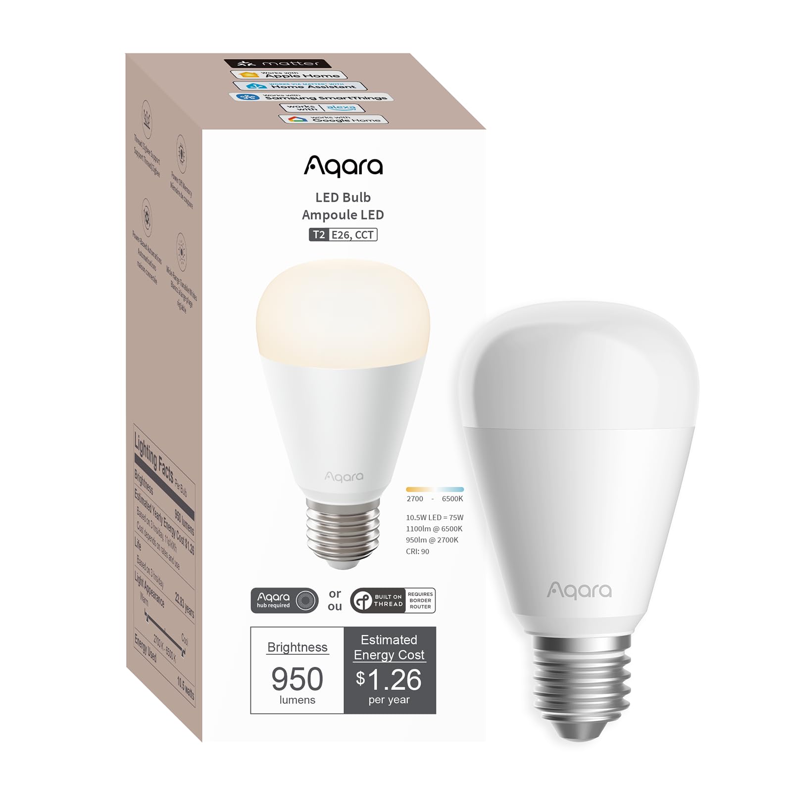 【5個セット】Aqara LED 電球 T2 E26口金 CCT Aqara LED Bulb T2 E26 – Dual Matter & Zigbee Connectivity