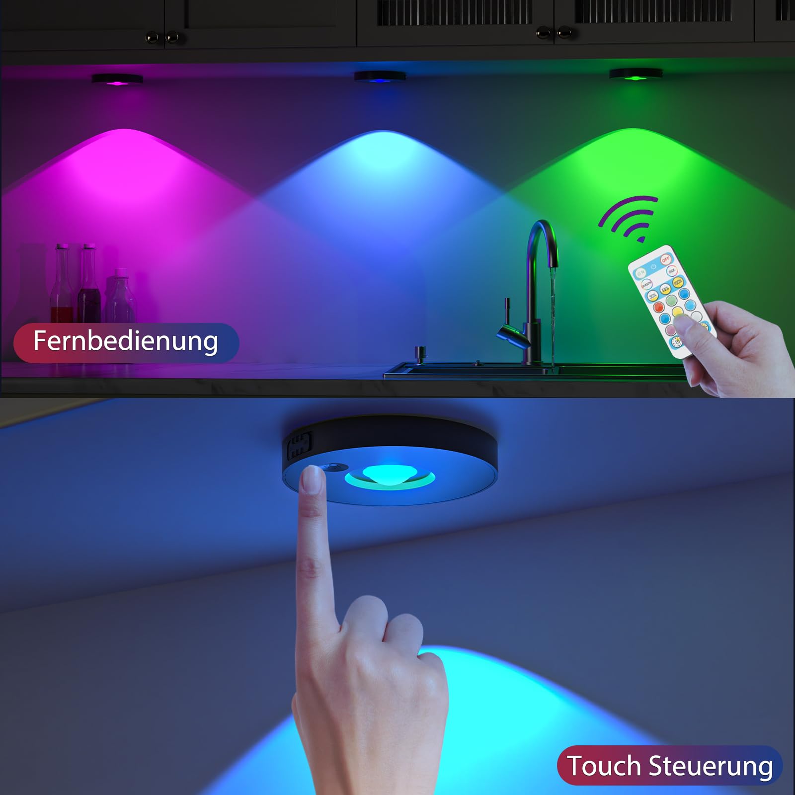 Schrankbeleuchtung USB Aufladbare RGB Katzenaugen LED Spot Akku mit Fernbedienung - 9 Farben, Dimmbar, Magnetisch, Timer, LED Unterbauleuchte Vitrinenbeleuchtung Regal Beleuchtung (6er Pack)
