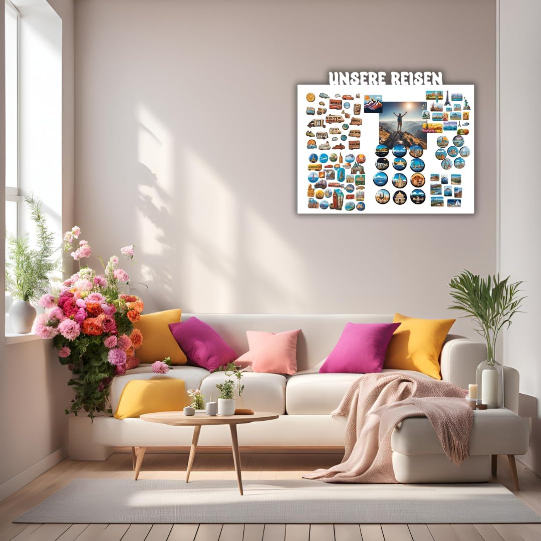 Magnettafel Unsere Reisen Weiß 80x55 cm | Magnetisches Stahlboard für Magnete, Fotos und Notizen, Beschreibbar, Montageset inklusive