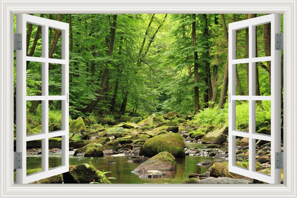 Removable Wall Sticker Mural Decals Relax Open Window View Green Tree Forest Still Life Nature Photography Landscape Art for Home Bedroom Living Room