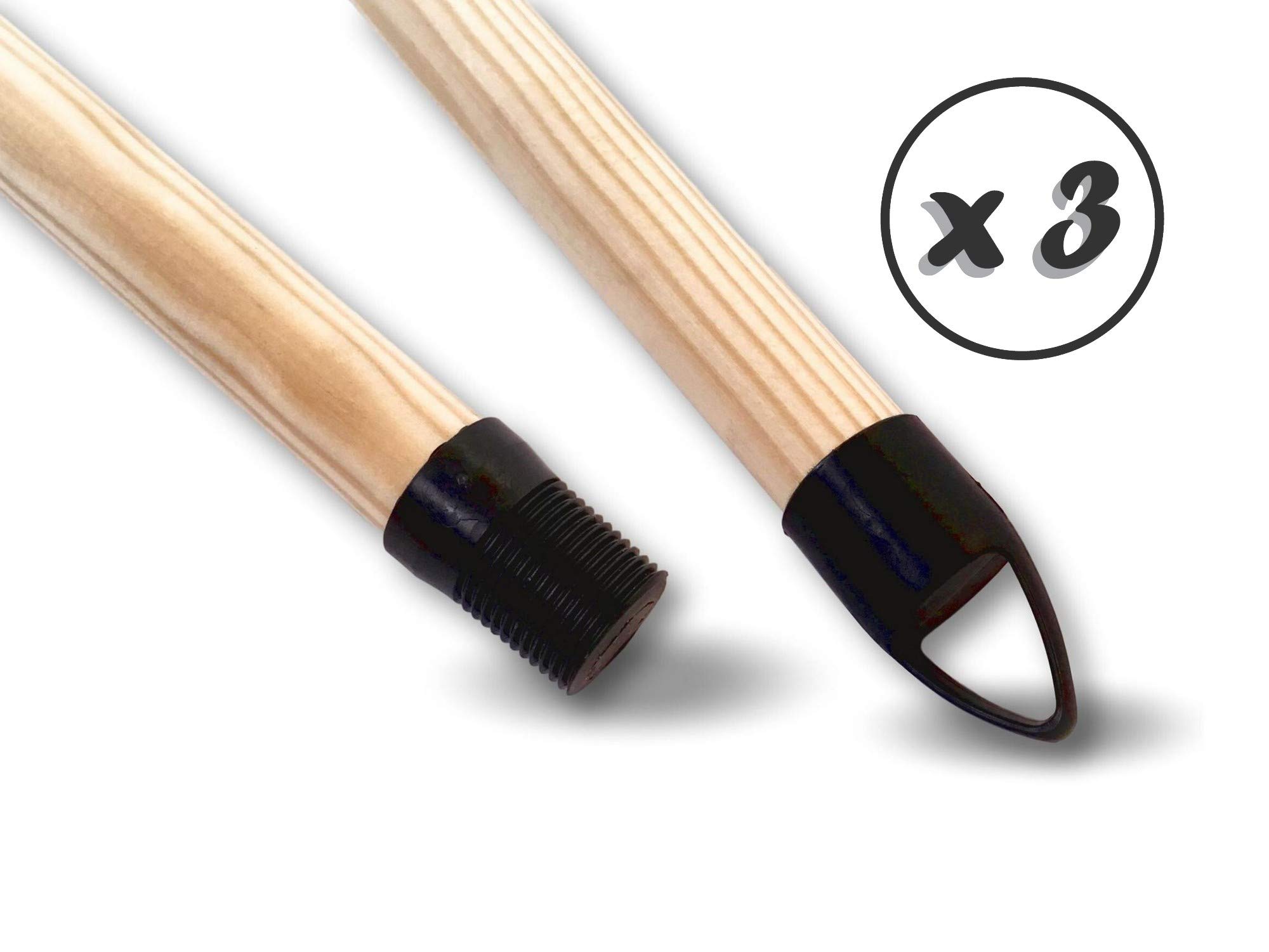 Lot de 3 manches balai bois lisse avec embout à visser et système d'accroche | Pour balais avec douille vissante| Ø 24 mm | Longueur 1,25 mètre | Fabrication Française | Kibros 2960x3