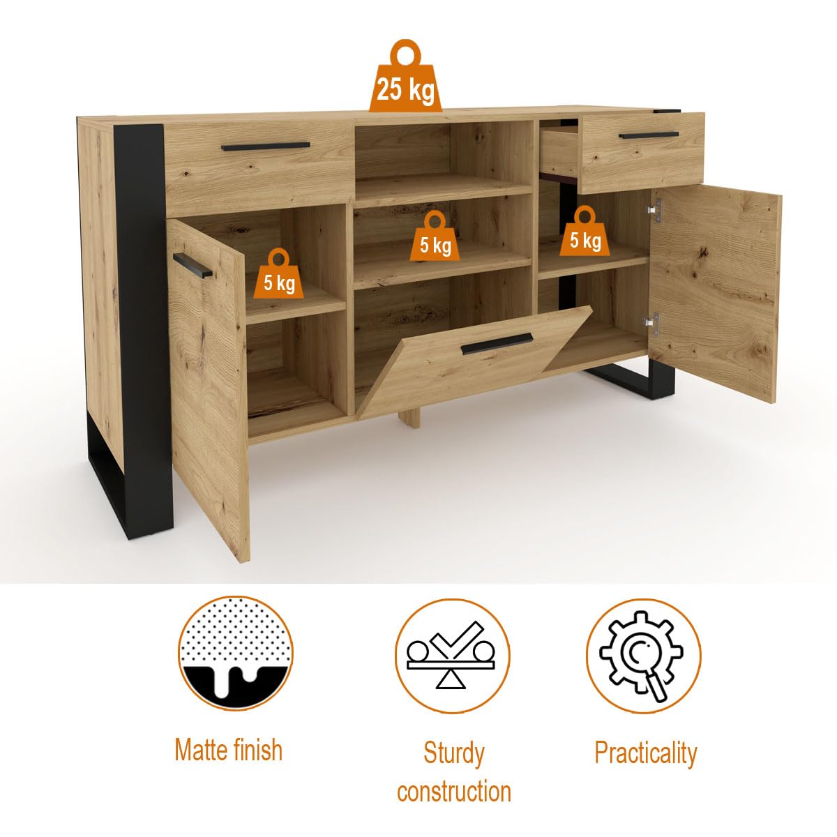 BIM Furniture Cassettiera Nuka - 45x155x87 Cm, 3 Ante E 2 Cassetti, Rovere Artisan E Nero Opaco, Per Soggiorno E Corridoio - 4