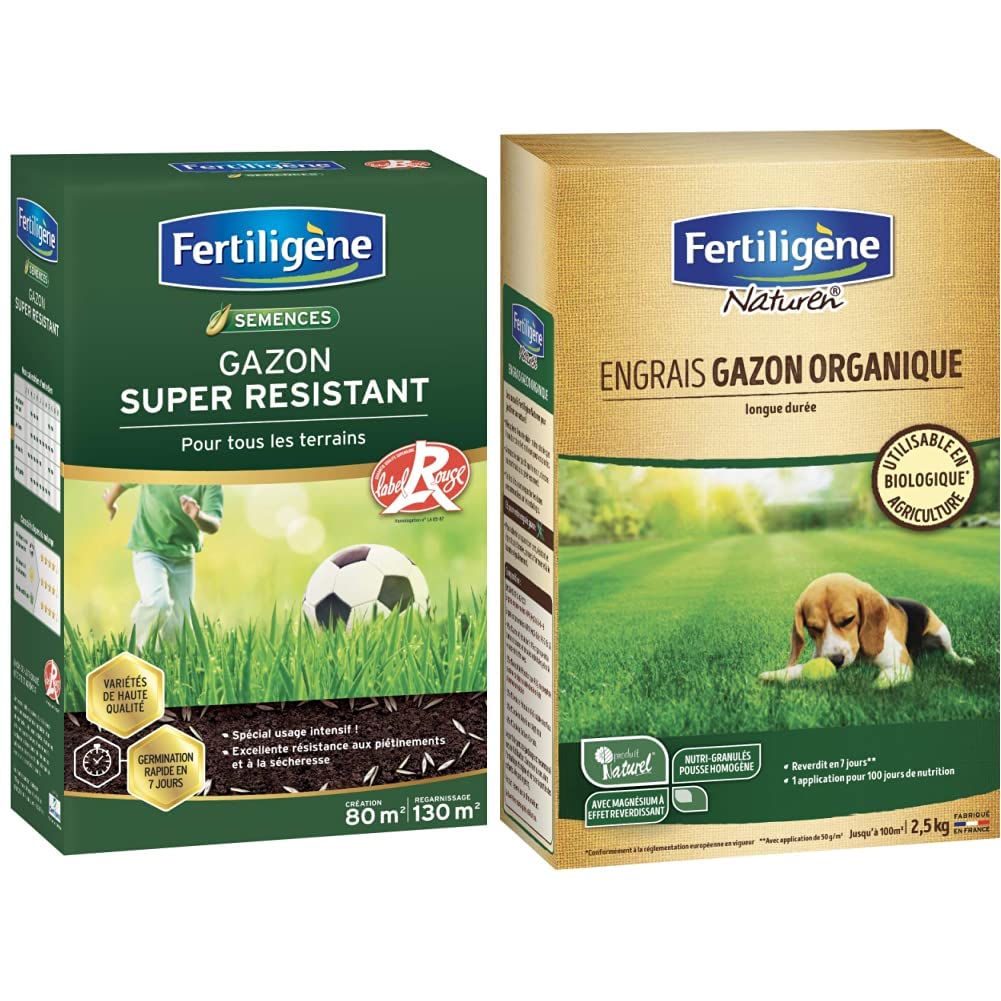 Fertiligene Gazon Super Résistant Label Rouge, 80m² & NATUREN Engrais Gazon Organique 100m² 2,5kg