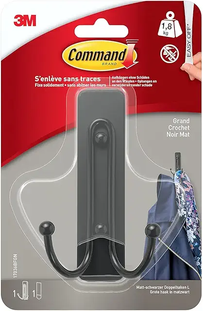 Command Double Hooks Self-Adhesive Matte Black - Dubbelhäftande Krok - No Drilling, Holds 1.8kg