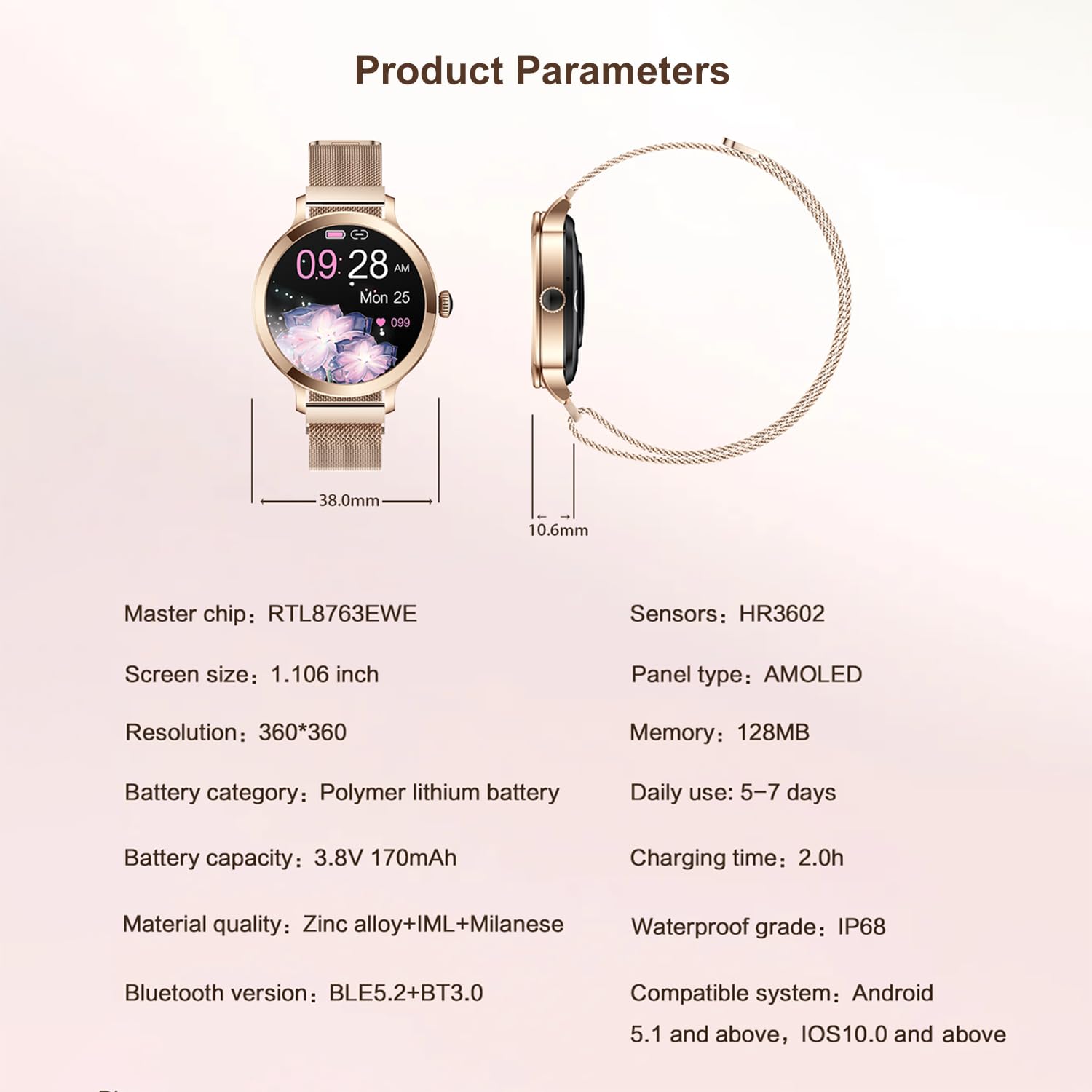 Smartwatch für Frauen mit Bluetooth-Anruf, Fitness-Tracker wasserdicht Herzfrequenz Blutdruck Blutsauerstoff (Gold)