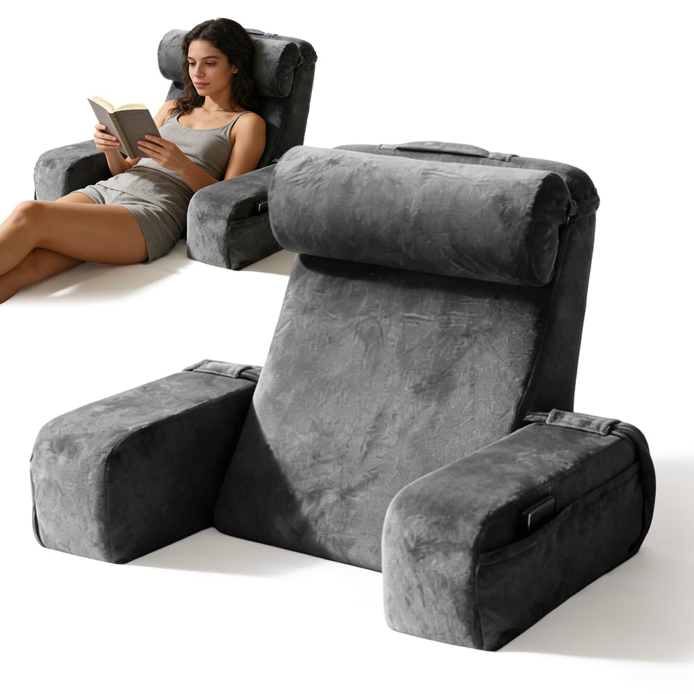 Poduszka do czytania na łóżko i sofę, poduszka pod plecy z podłokietnikami i poduszką pod głowę, ergonomiczny design 45°, poszewka nadająca się do prania, poduszka do siedzenia, oparcie na