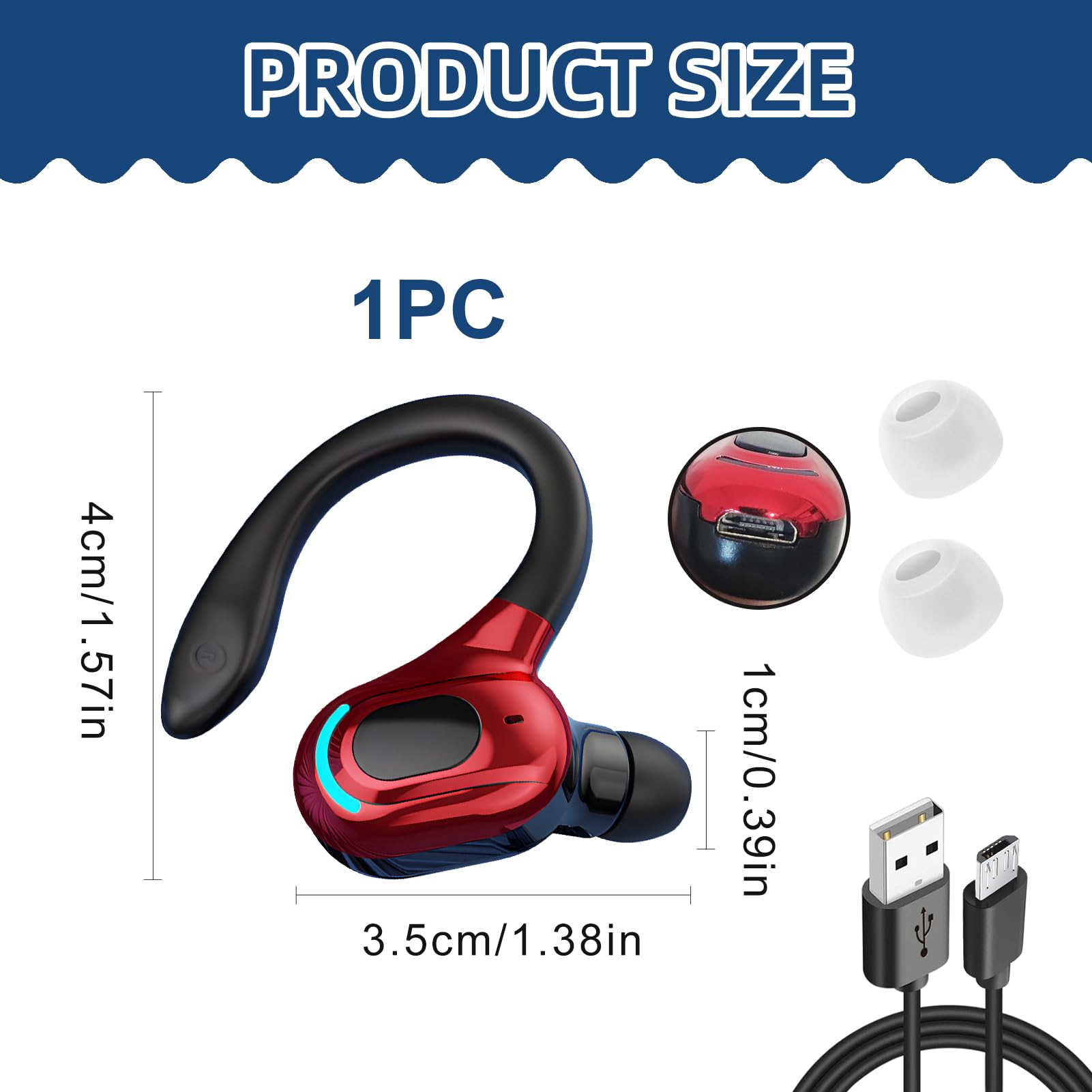 Auricolare Bluetooth Mono Wireless a 360° con microfono incorporato audio HD Auricolari V5.2 Riduzione del Rumore per iPhone Android PC Desktop Guida Affari Sport 20h Autonomia Rosso