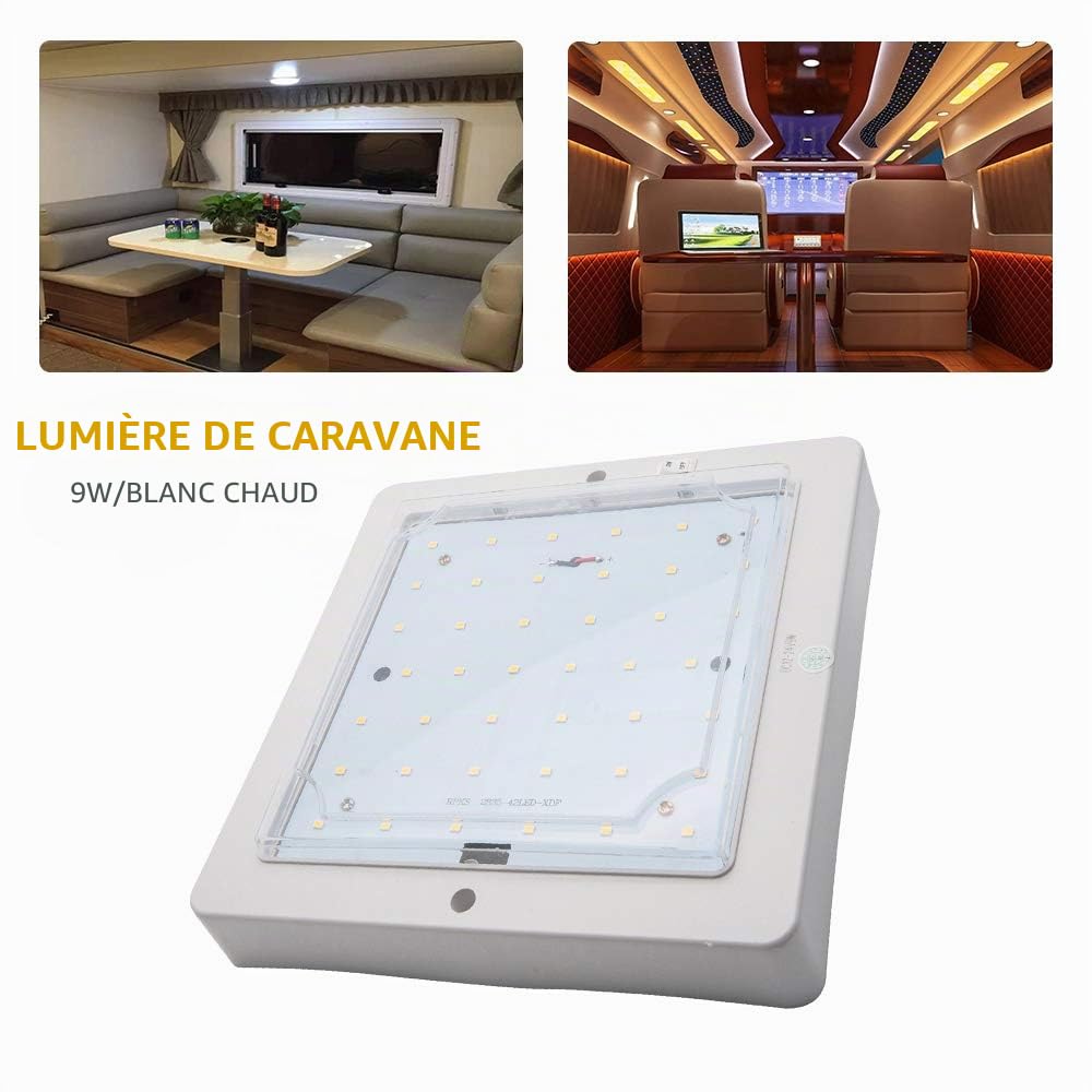 Plafonnier LED carré à économie d'énergie 12-24 V 9 W pour camping-car, lumière blanche