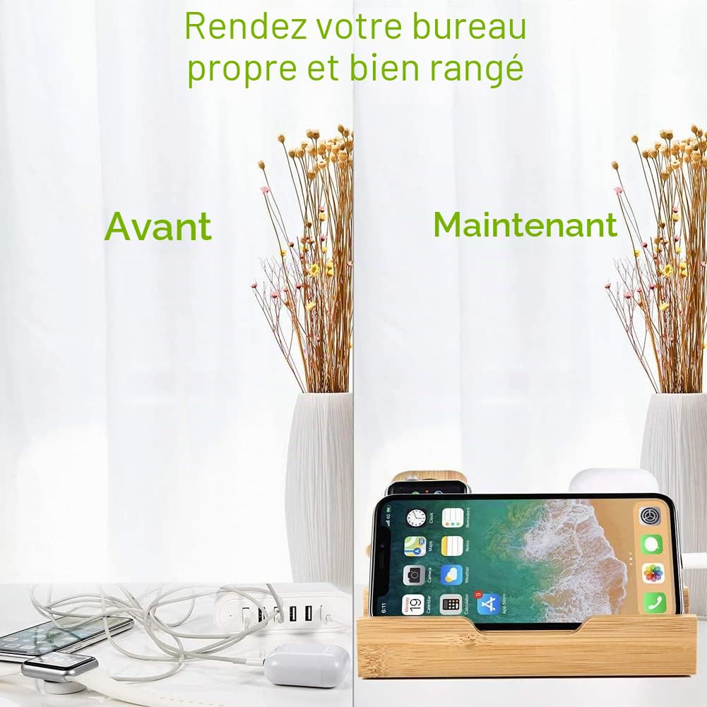 Jenngaoo Station de Charge en Bois pour Téléphone et Tablette | Organisateur de Bureau Multi-appareils avec Gestion des Câbles, compatible Smartphone, Montre, Écouteurs, Bureau, Maison