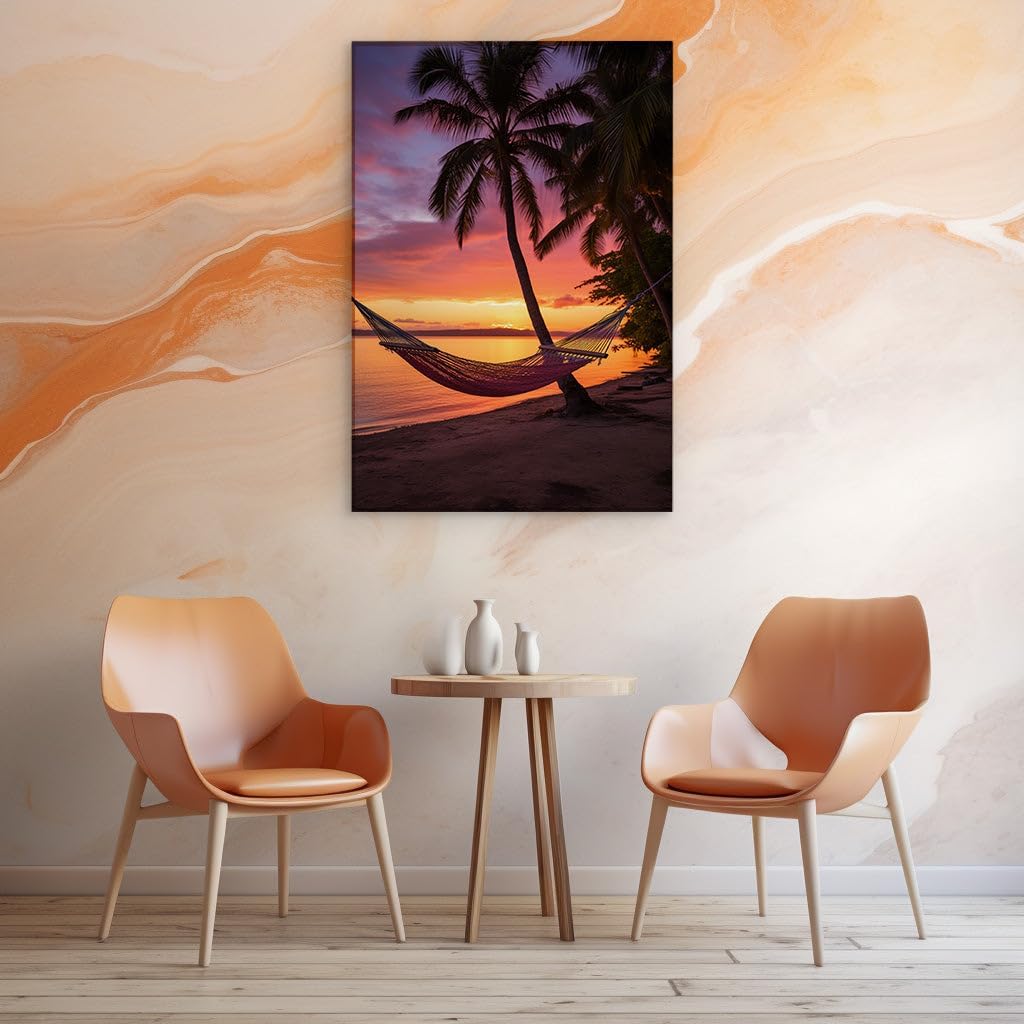 Canvas for Living Room. Sunset Serenity: Embrace The Ultimate Tropical Escape with a Hammock by The Sea, 27 x 18 inch Canvas Wall Art - Contemporary Masterpieces - Botanical Home Decor