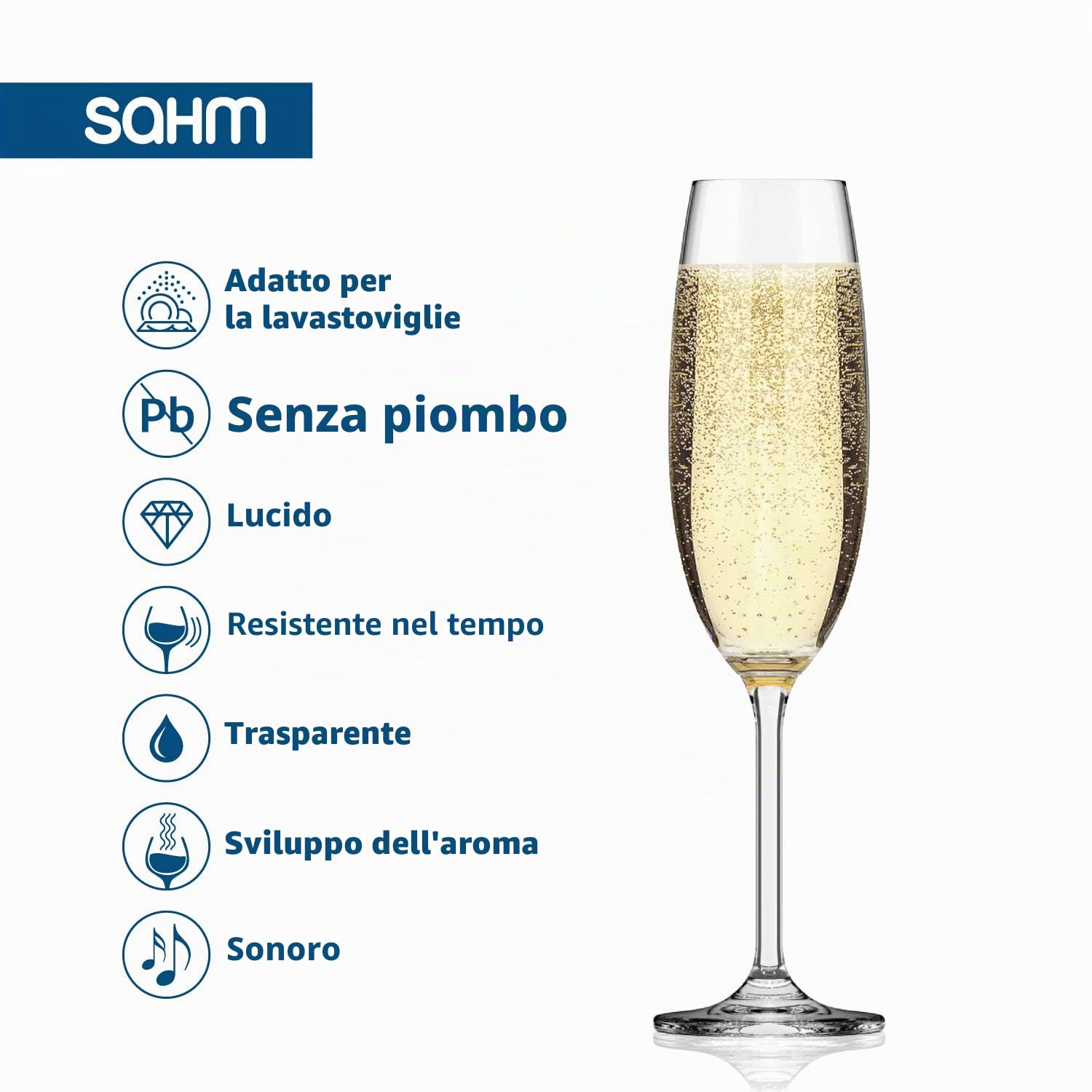Bicchieri champagne set da 6 pz - Flute vetro da 220 ml per champagne - Coppa champagne lavabile in lavastoviglie - Eleganti bicchieri prosecco