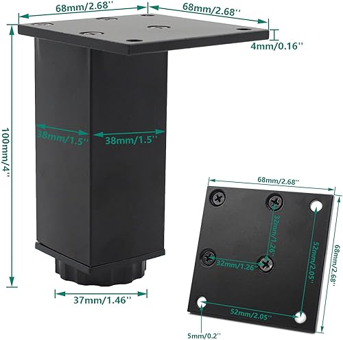 Miniatura 2 de Paquete de 4 patas ajustables para muebles, 3.937in4 pulgadas, patas de soporte de aleación de aluminio negro, patas de repuesto resistentes para