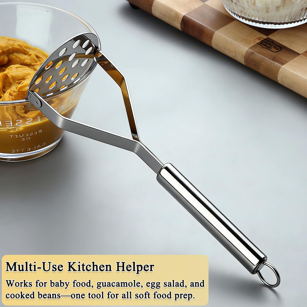 Homquen Puré de Papa de Acero Inoxidable, Puré de Papa resistente, Pasapurés de Papa, Utensilios Herramienta de Cocina para Machacar Verduras y Frutas, Lavable en Lavavajillas (25cm)