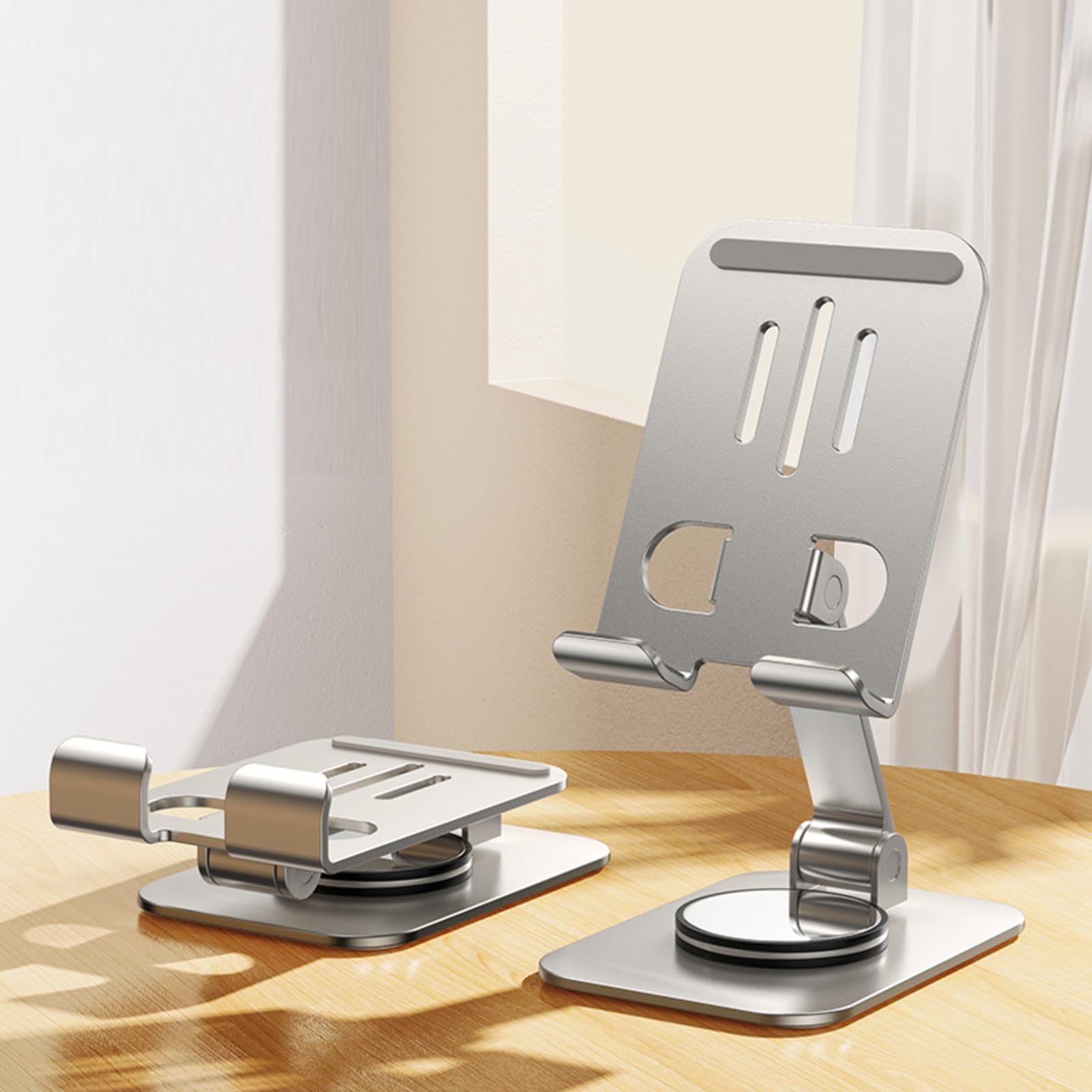 DEARART Silver Cell Phone Stand, 360° Adjustable Phone Stand for Desk, Foldable Phone Holder Fully Carried Easily, Square Base