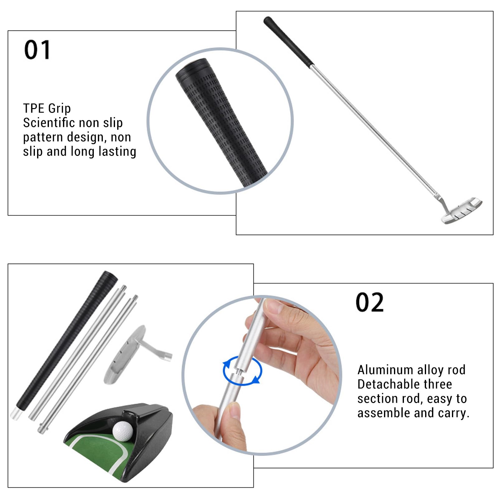 Portable Putter Set, TPE Alloy Right Hand Putter with Automatic Ball Return Putting Cup PU Leather Bag for Indoor Outdoor Practice