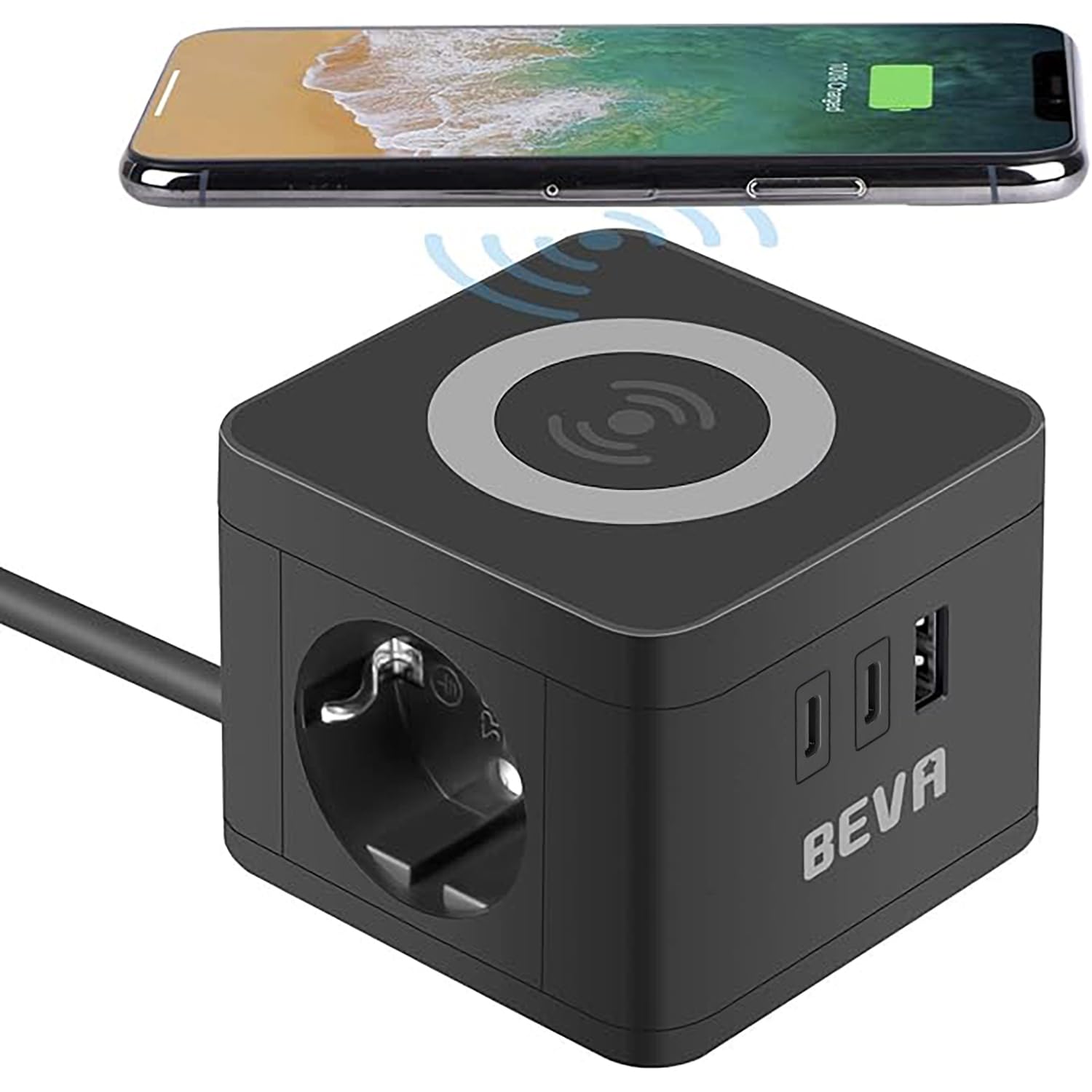 BEVA Multipresa Ricarica Wireless, Ciabatta Elettrica Cubo con 2 USB-C+1 USB-A e 2 Prese EU, Wireless, Multipla con Interruttore Cavo 1.5 m, Surge Protezione, Adatto per Viaggi, Casa e Ufficio (Nero)