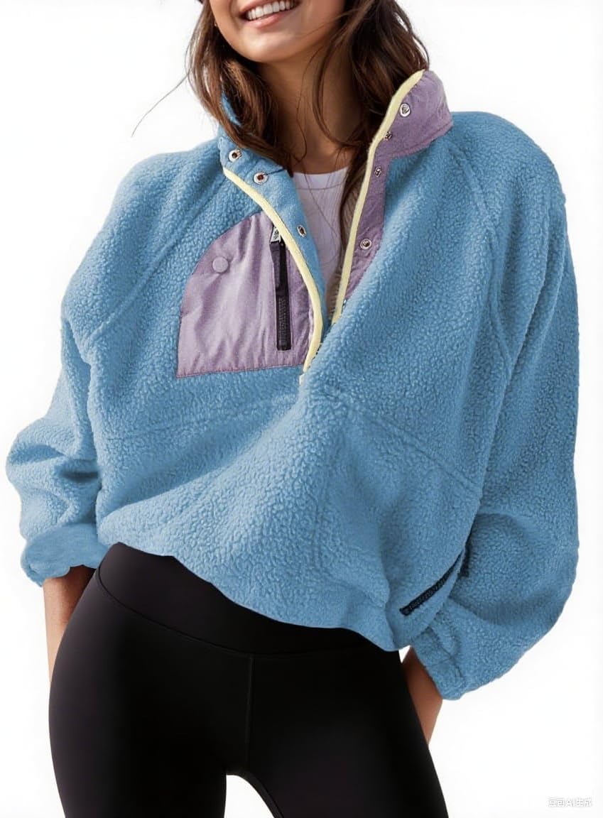 AMEBELLE Women’s Lightweight Fleece Pullover Jacket Cropped Fall Winter Fuzzy Sherpa Jacket Sweatshirt Coat with Pockets(2616-Blue-M)