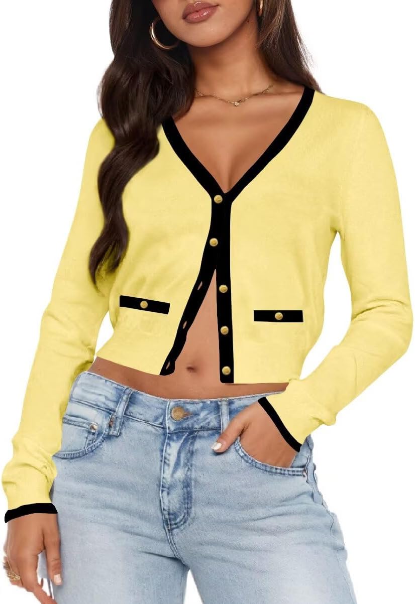 LEEDYA Women's Long Sleeve Cardigan Open Front Knit Cropped Sweaters Fall Color Block Button Down V Neck Lightweight Tops