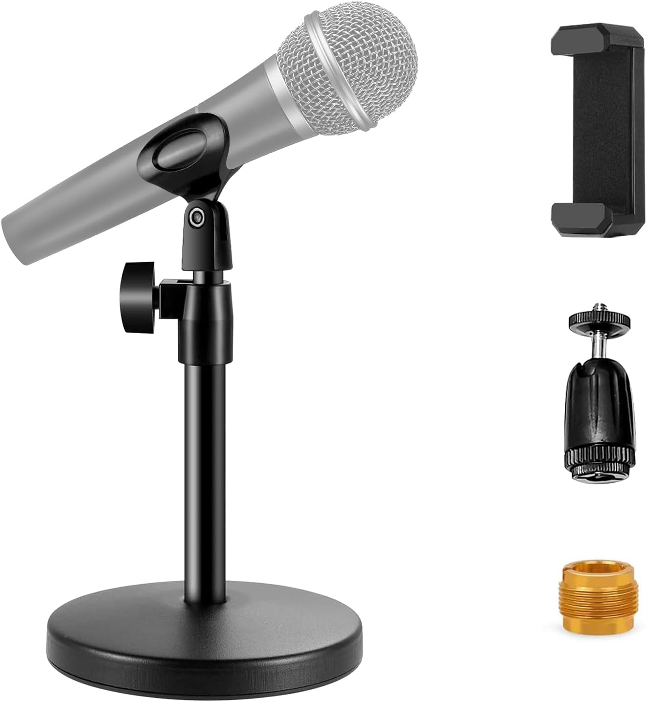 2 In 1 Desktop Microphone Stand, Upgraded Metal Round Base Adjustable Mic Stand with Micphone Clip, Cellphone Clip and 5/8″ Male to 3/8″ Female Screw for Table Desk Interviews, Black