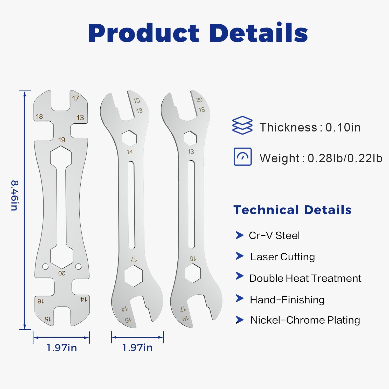 Universal Thin Hub Cone Wrench, Cr-V Steel + Ni-Cr Plating 0.1in/2.5mm Ultra-Thin 13-20mm Wrench for Home Bike Car Repair