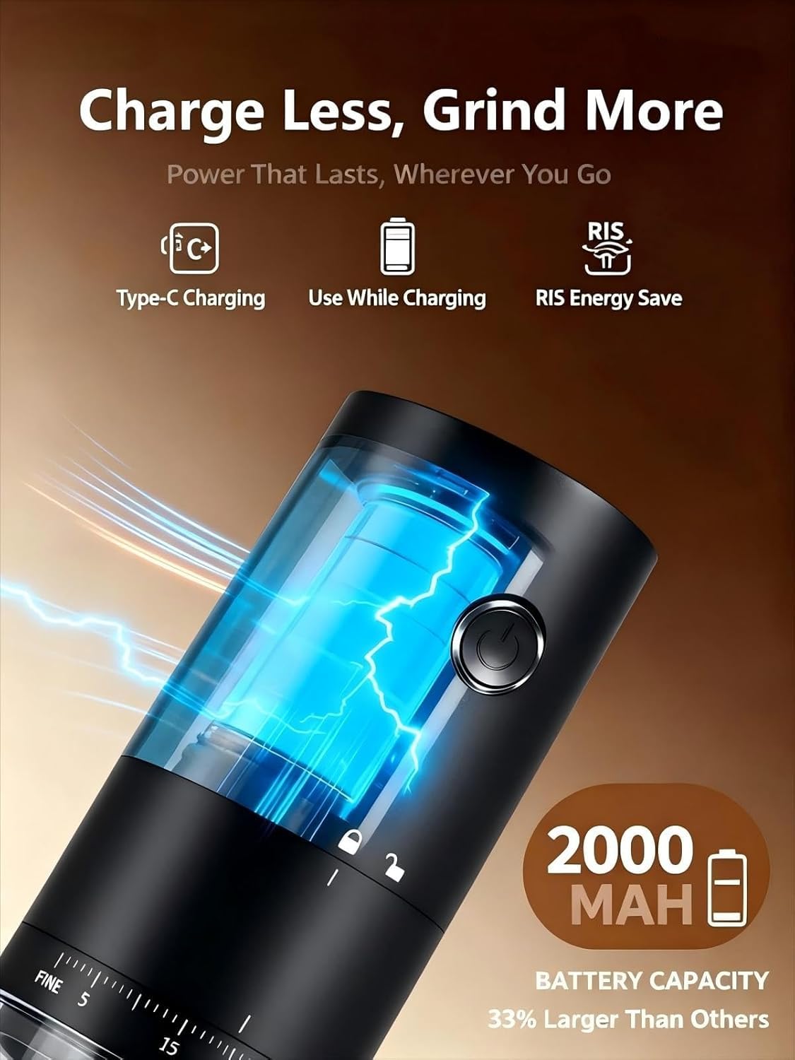 LAMIDO Moulin à café électrique portable – Moudre pendant la charge – 38 réglages externes réglables – Broyage 1,8 x plus rapide – Batterie rechargeable de 2000 mAh pour voyage, camping – Noir mat