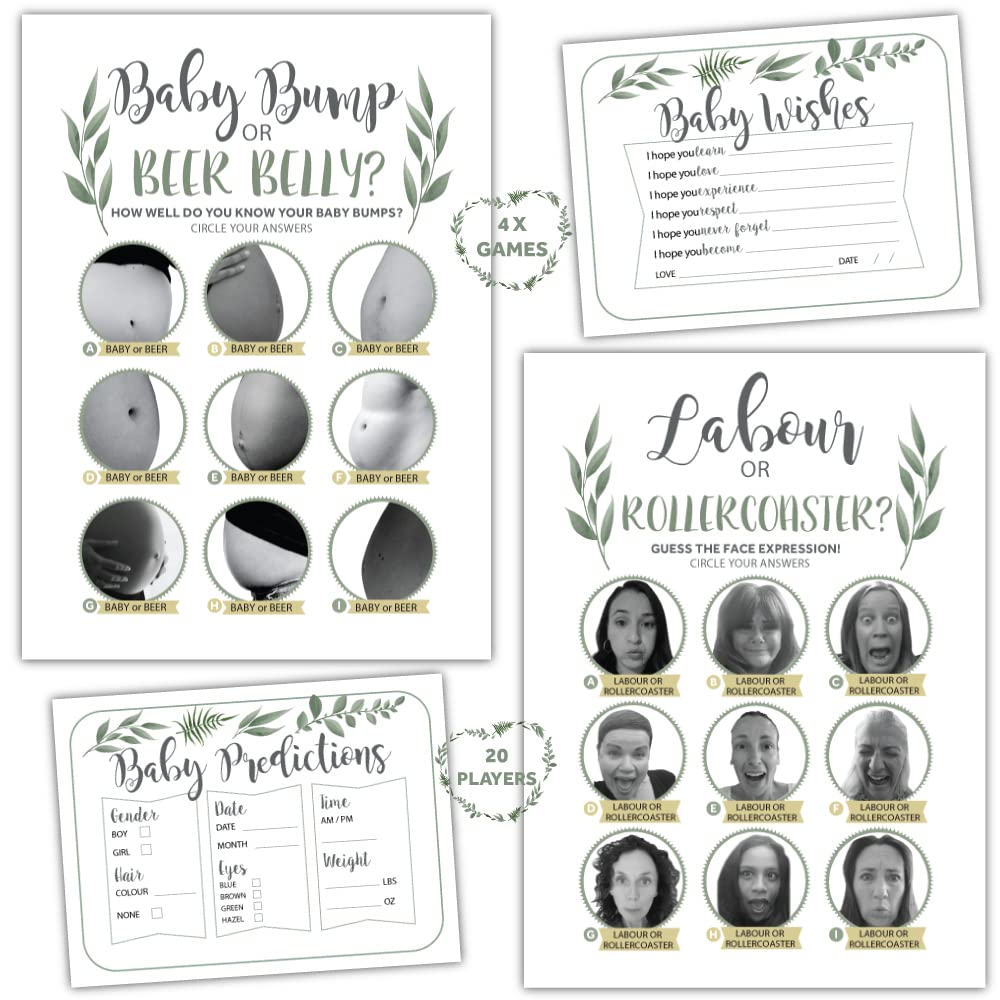 20 x Boho Design Baby Bump or Beer Belly, Labour or Rollercoaster, Baby Prediction & Wishes Cards. Baby Shower Games Bundle