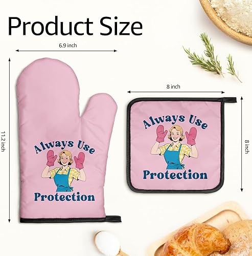 Miniatura 2 de Always Use Protection - Juego de guantes de horno y soportes para ollas, divertidos guantes de cocina retro para panaderos, regalos de inauguración