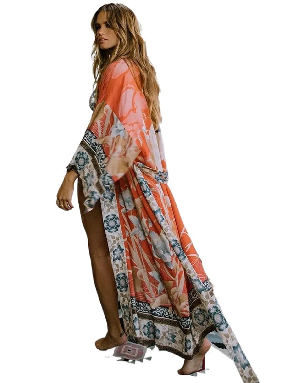Pareo Femme Plage Robe Longue Kimono Rose avec Ceinture Auto-Ouverte sur Le Devant, Tunique de Plage for Femmes, Cover-Up for Maillot Bain