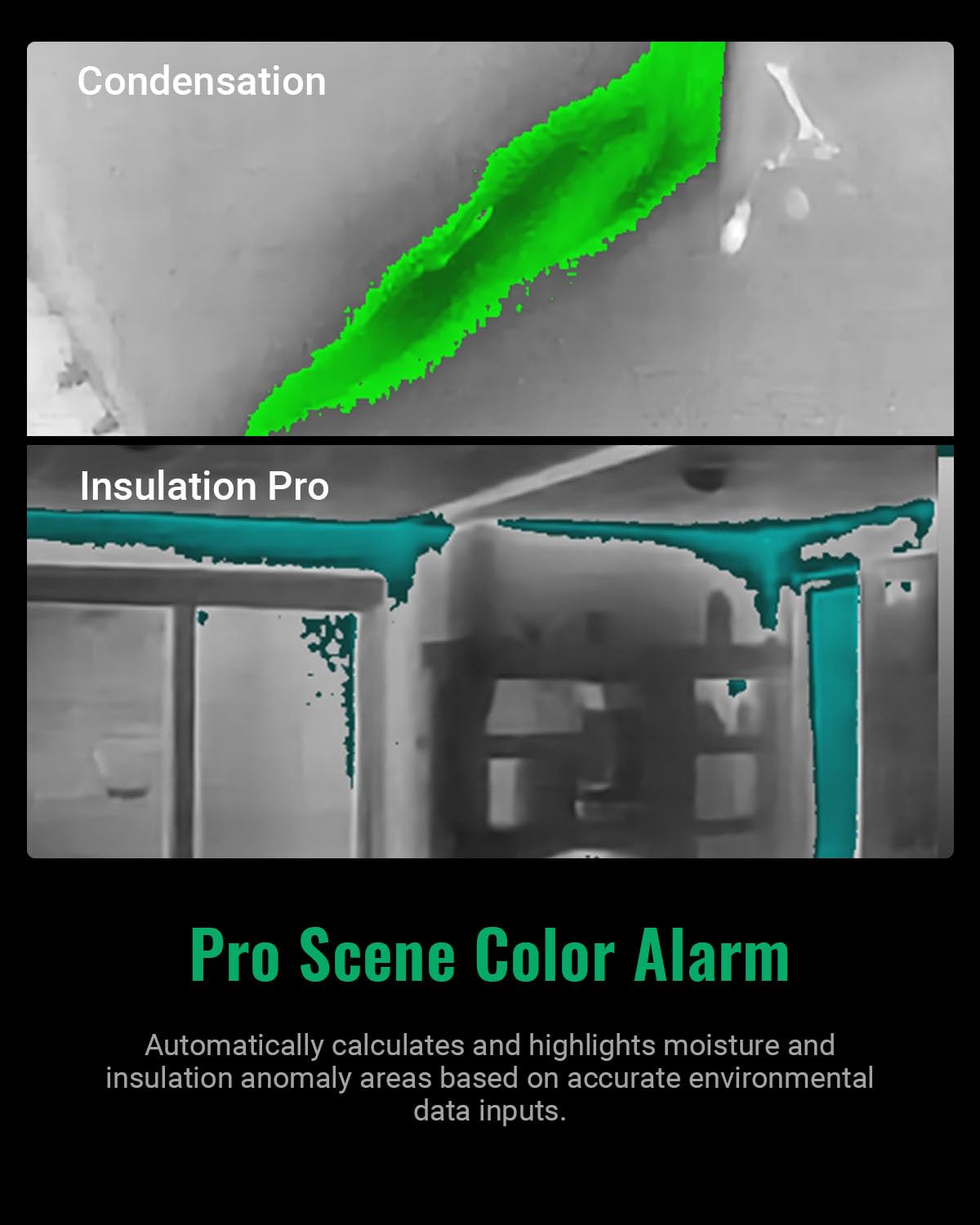 Thermal images showing condensation and insulation issues highlighted by Pro Scene Color Alarm