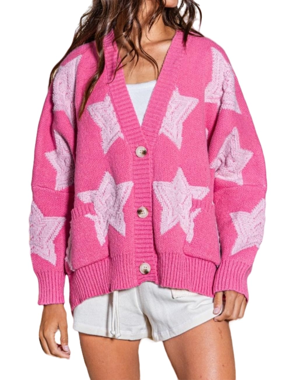 Womens Star Print Button Down V Neck Drop Shoulder Open Front Knit Cardigan Sweater